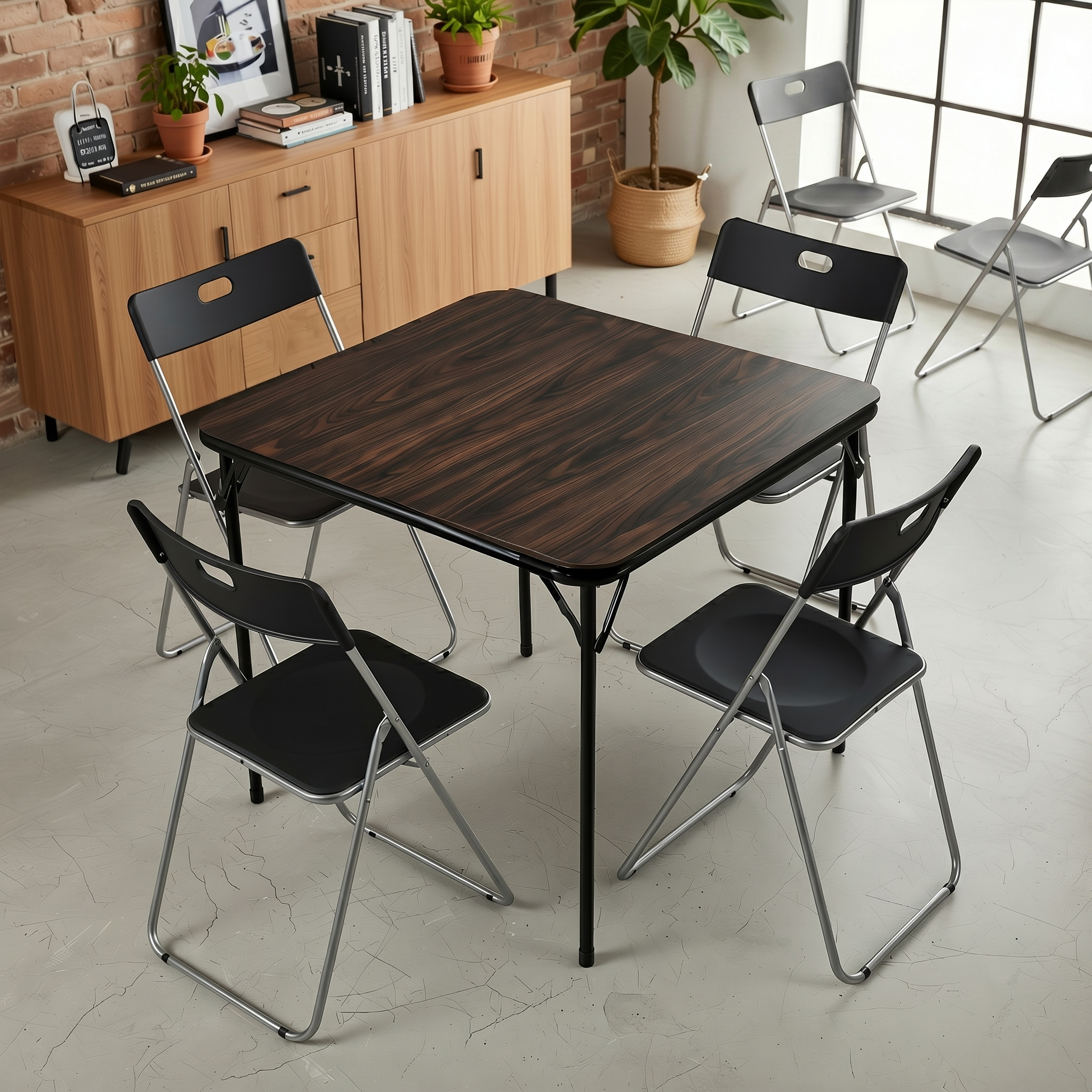 Homy Casa Fern+Mimosa 7PC Dining Set 33.9" Walnut Finish Folding Table & Folding Chairs for Kitchen & Dining Room