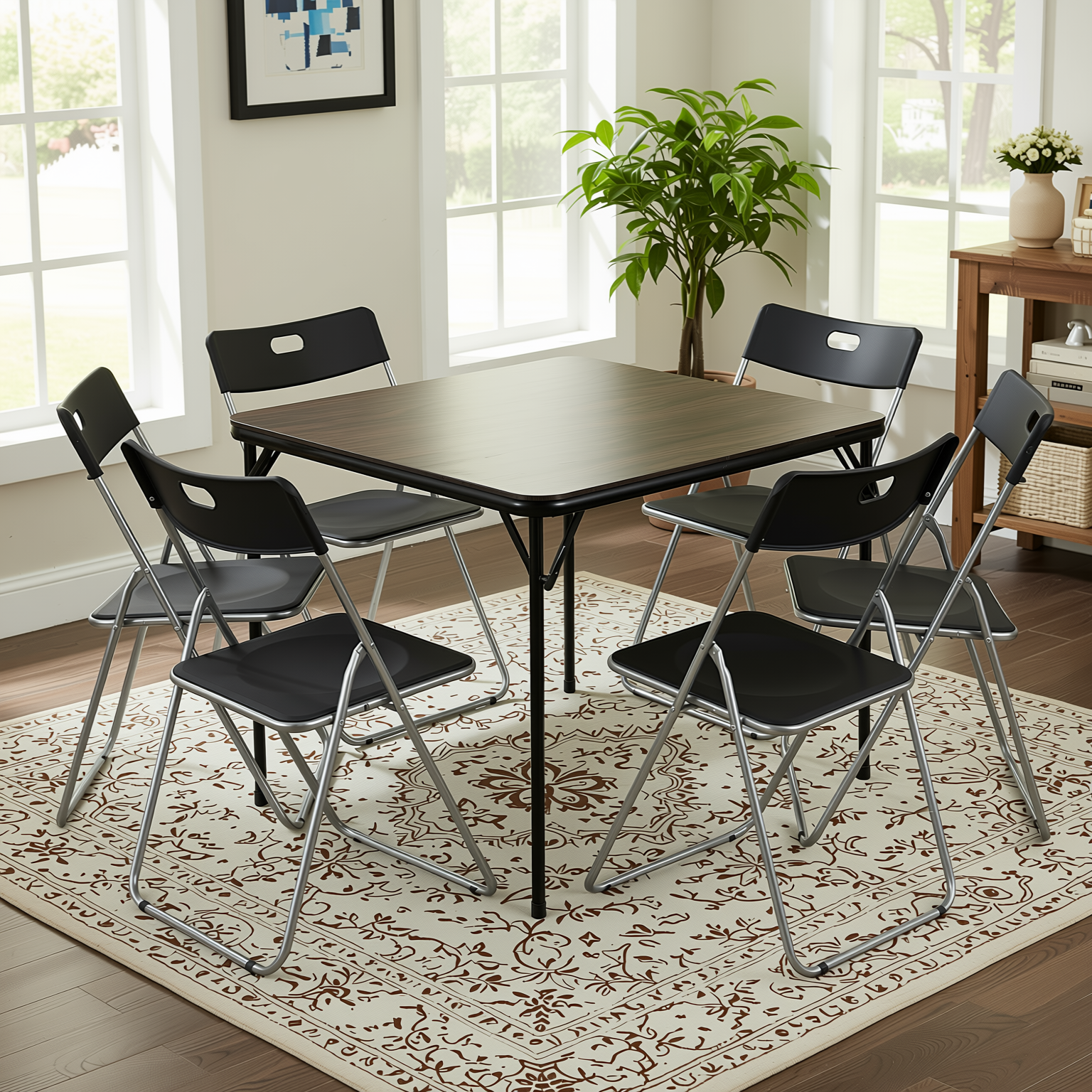 Homy Casa Fern+Mimosa 7PC Dining Set 33.9" Walnut Finish Folding Table & Folding Chairs for Kitchen & Dining Room