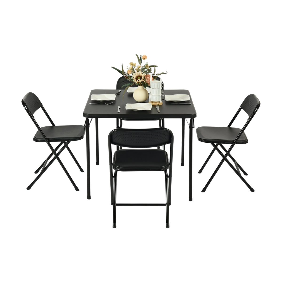 Homy Casa Fern 5PC Folding Table Chairs Set Black Dining Event Party Portable Space Saving Table 4 Nola Chairs