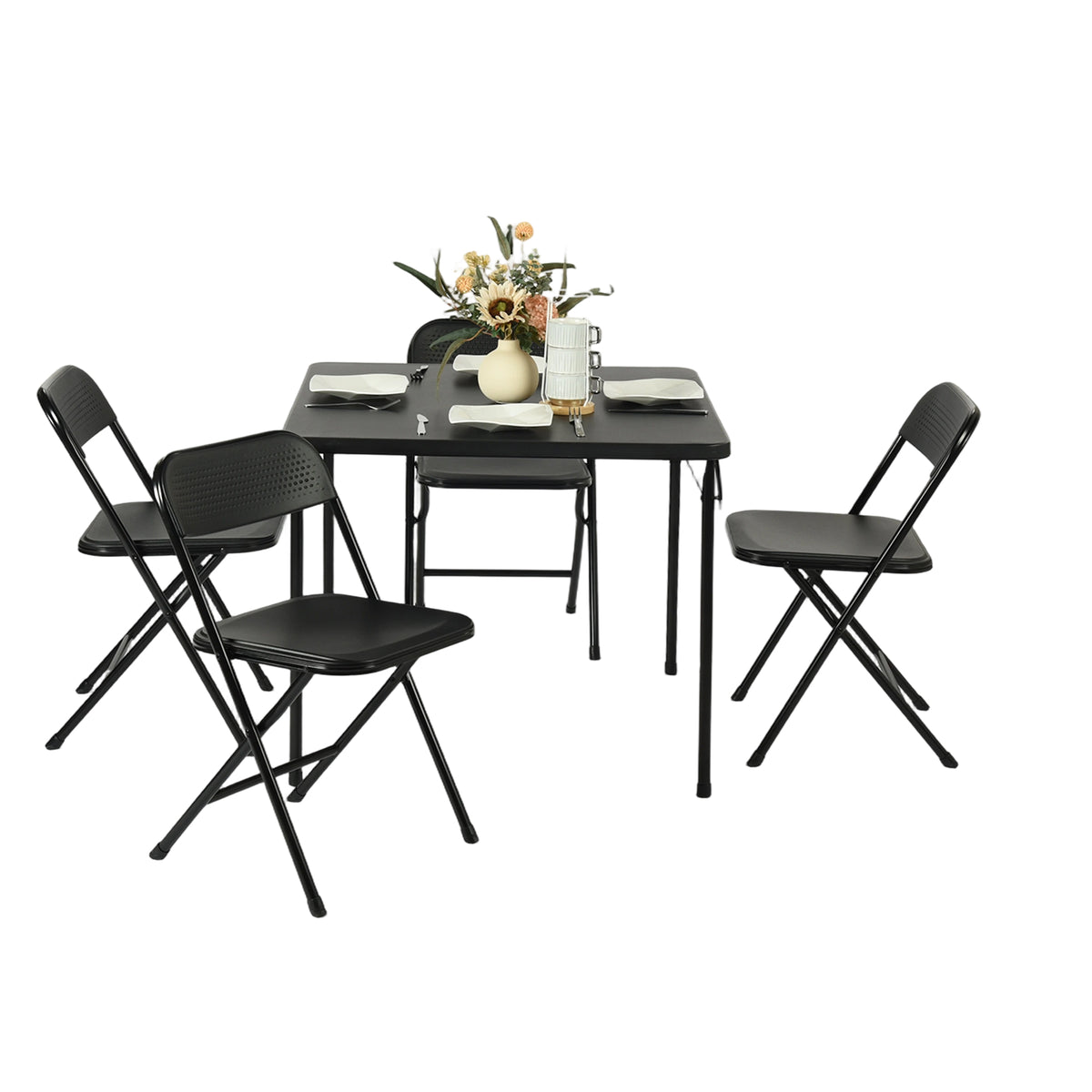 Homy Casa Fern 5PC Folding Table Chairs Set Black Dining Event Party Portable Space Saving Table 4 Nola Chairs