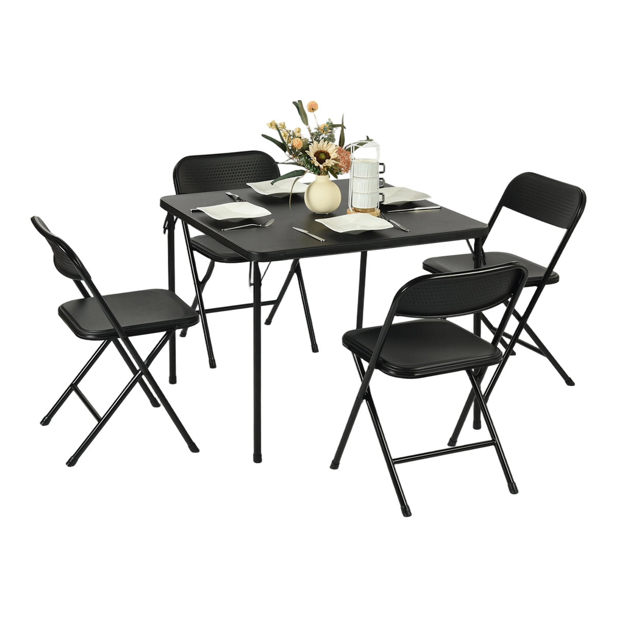 Homy Casa Fern 5PC Folding Table Chairs Set Black Dining Event Party Portable Space Saving Table 4 Nola Chairs