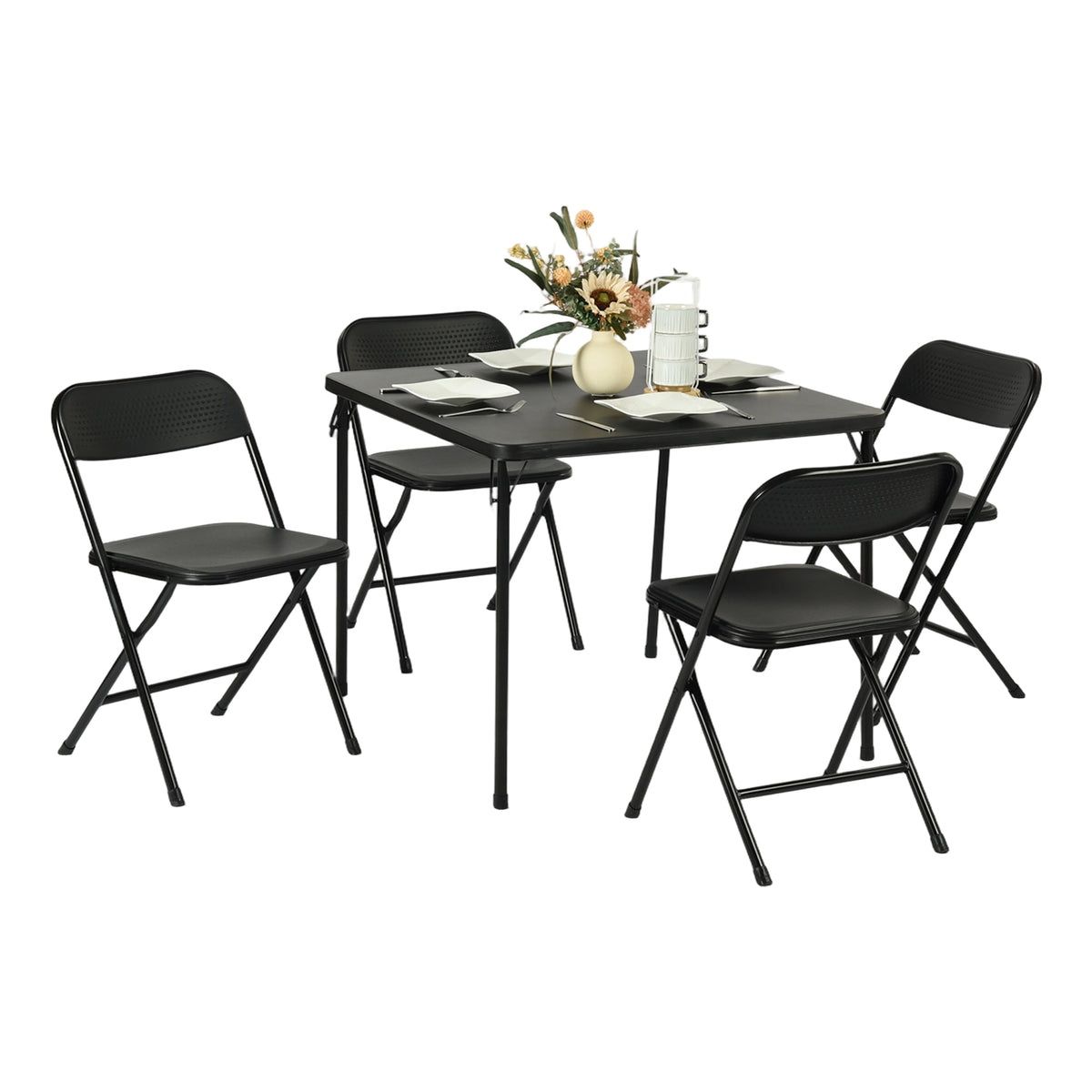 Homy Casa Fern 5PC Folding Table Chairs Set Black Dining Event Party Portable Space Saving Table 4 Nola Chairs