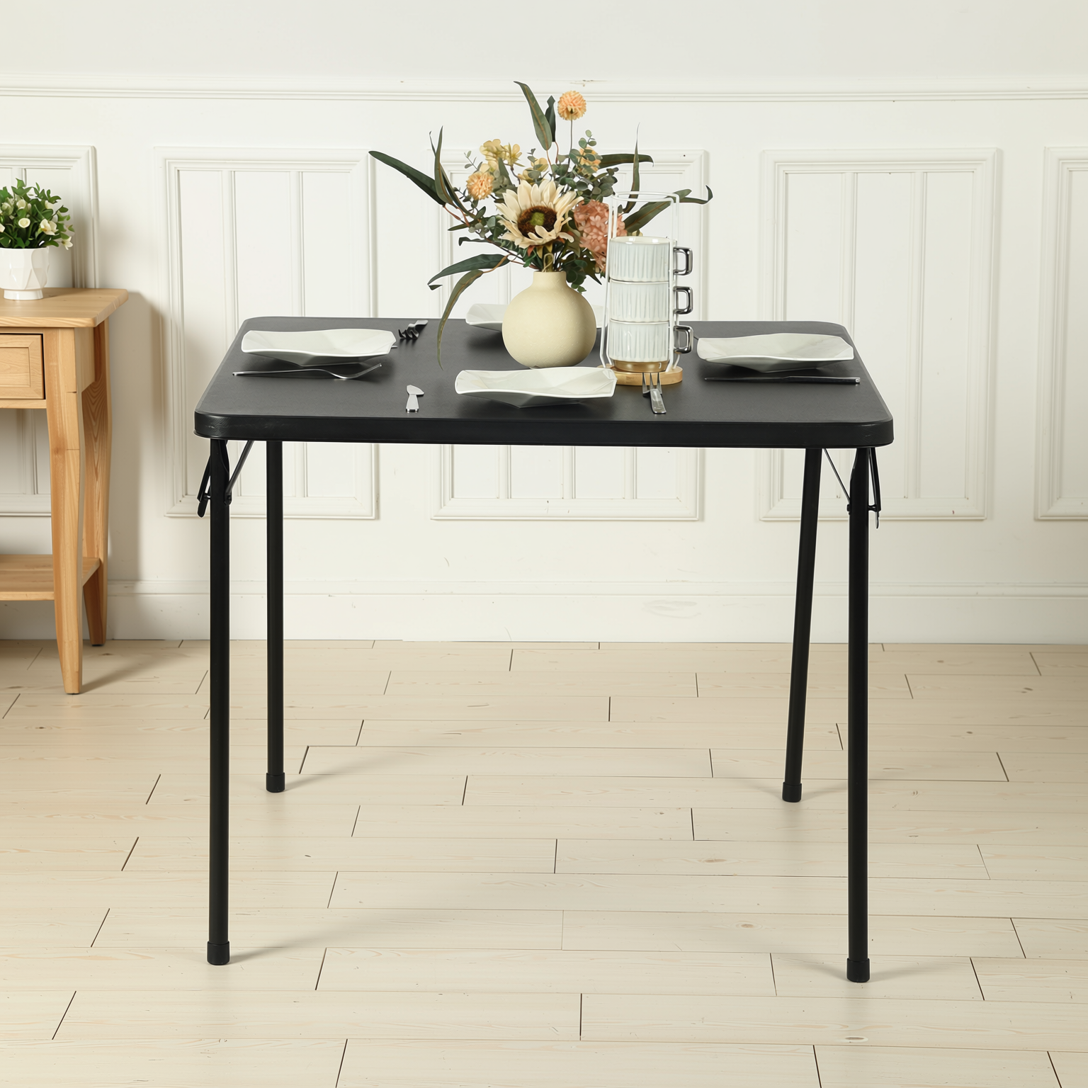 Homy Casa Fern 5PC Folding Dining Game Set 33.9” Square Table with 4 Mimosa Scandinavian Style Black Folding Chairs
