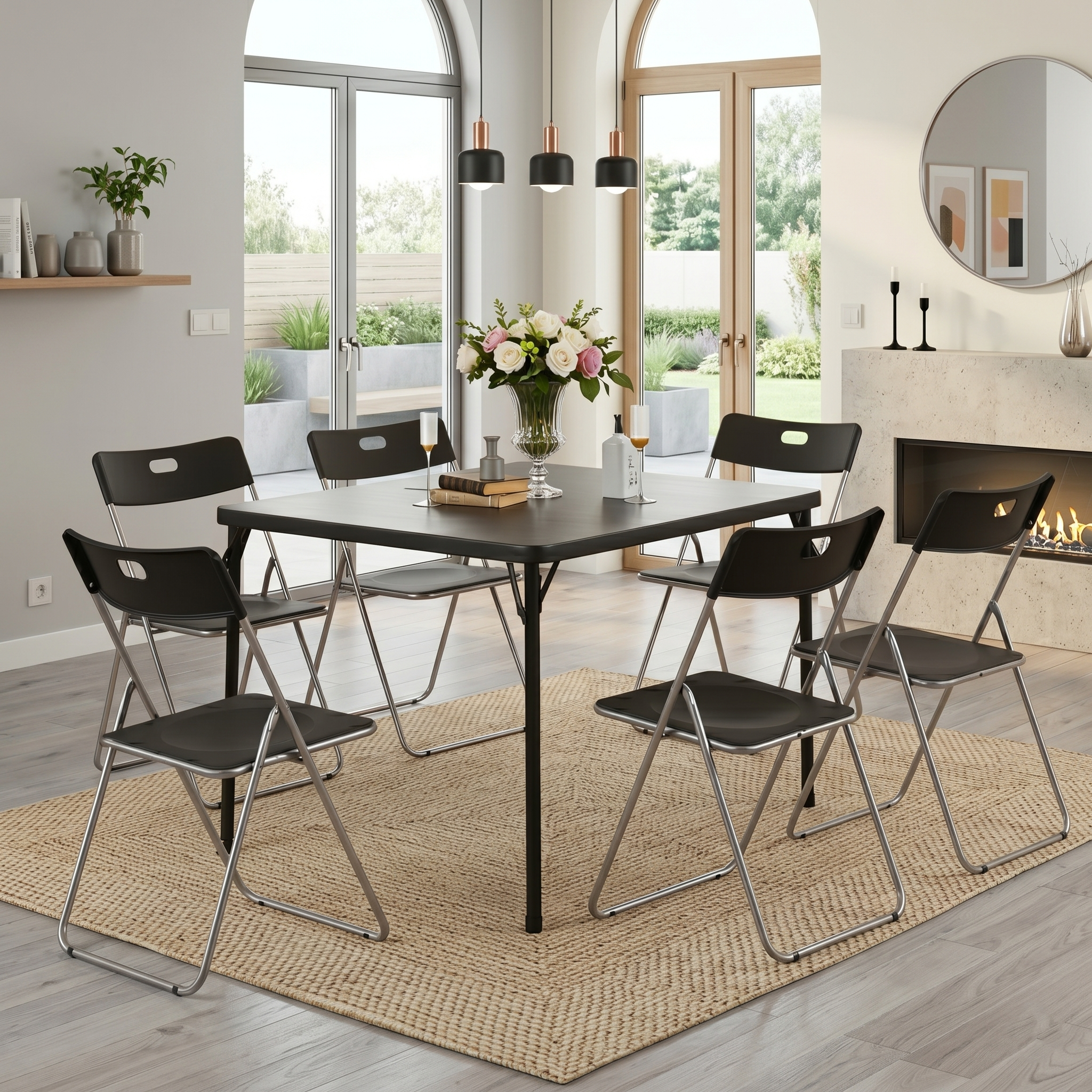 Homy Casa Fern+Mimosa 7PC Dining Set 34" Black Folding Table with Folding Chairs for Kitchen, Dining, Small Space