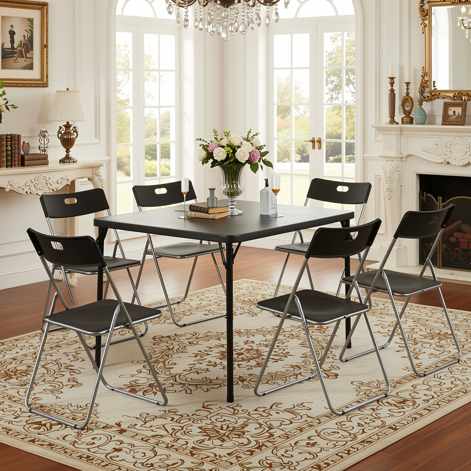 Homy Casa Fern+Mimosa 7PC Dining Set 34" Black Folding Table with Folding Chairs for Kitchen, Dining, Small Space