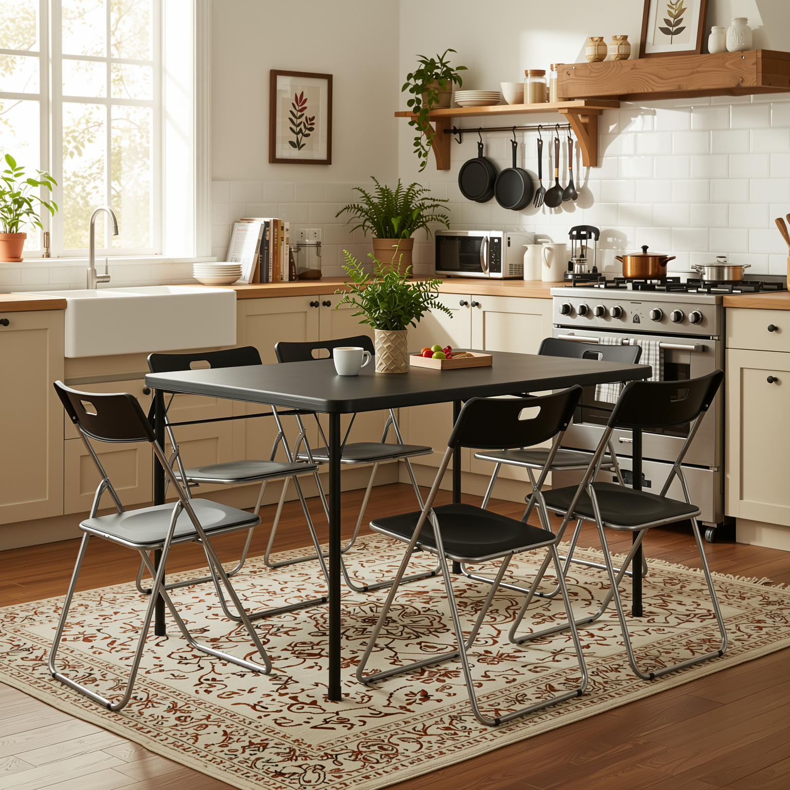 Homy Casa Fern+Mimosa 7PC Dining Set 34" Black Folding Table with Folding Chairs for Kitchen, Dining, Small Space
