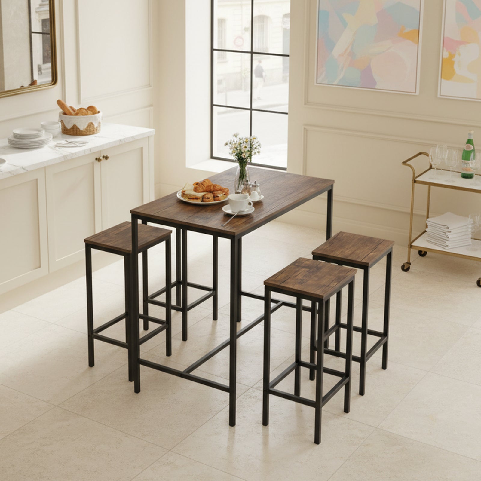 Homy Casa Feynman 5PC Counter Height Dining Set 39” Rustic Industrial Table with 4 Kilby Backless Stools