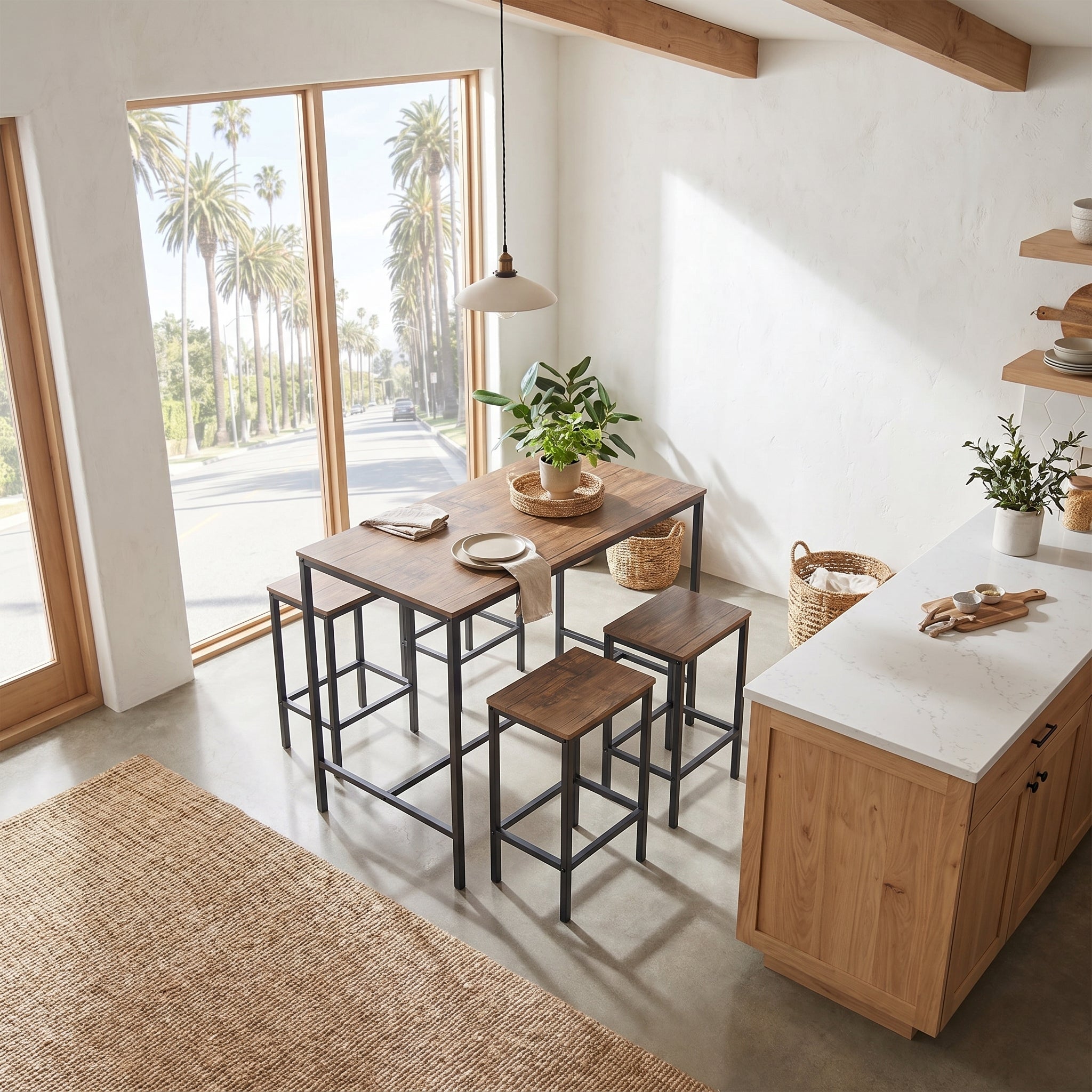 Homy Casa Feynman 5PC Counter Height Dining Set 39” Rustic Industrial Table with 4 Kilby Backless Stools