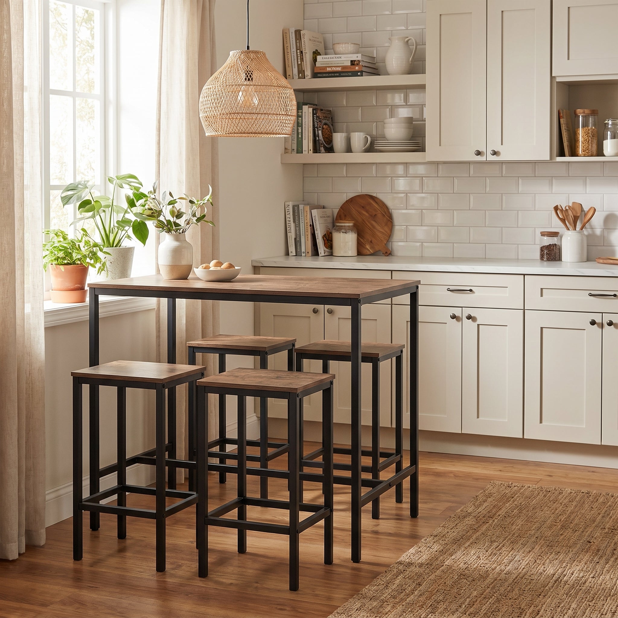 Homy Casa Feynman 5PC Counter Height Dining Set 39” Rustic Industrial Table with 4 Kilby Backless Stools