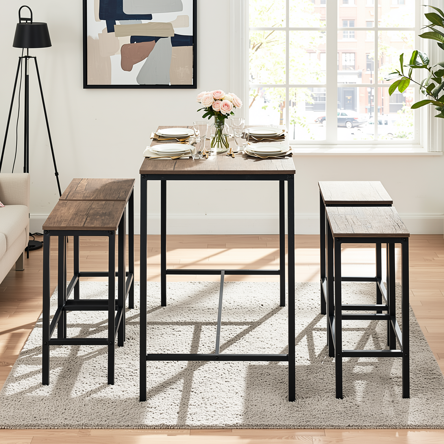 Homy Casa Feynman 5PC Counter Height Dining Set 39” Rustic Industrial Table with 4 Kilby Backless Stools