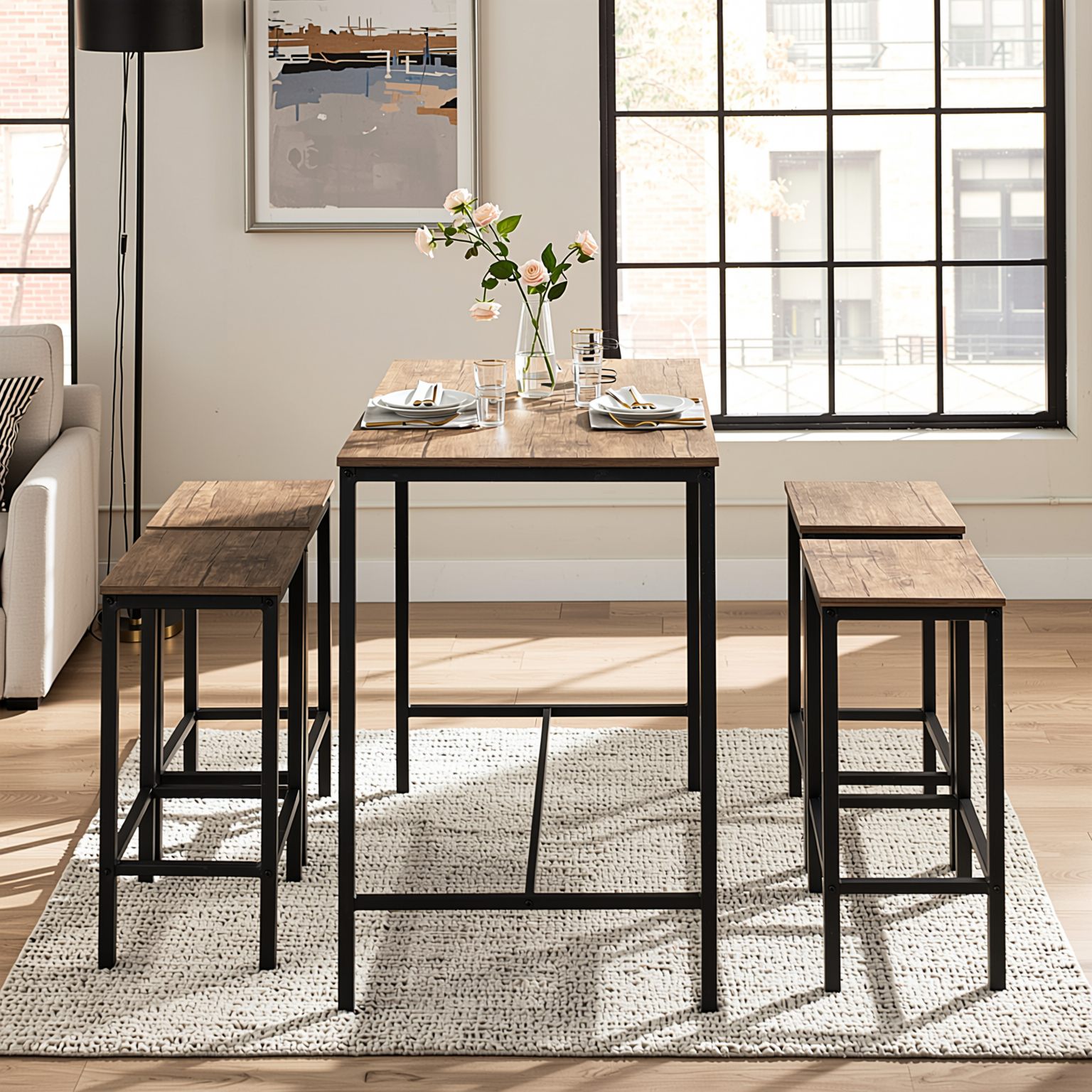 Homy Casa Feynman 5PC Counter Height Dining Set 39” Rustic Industrial Table with 4 Kilby Backless Stools