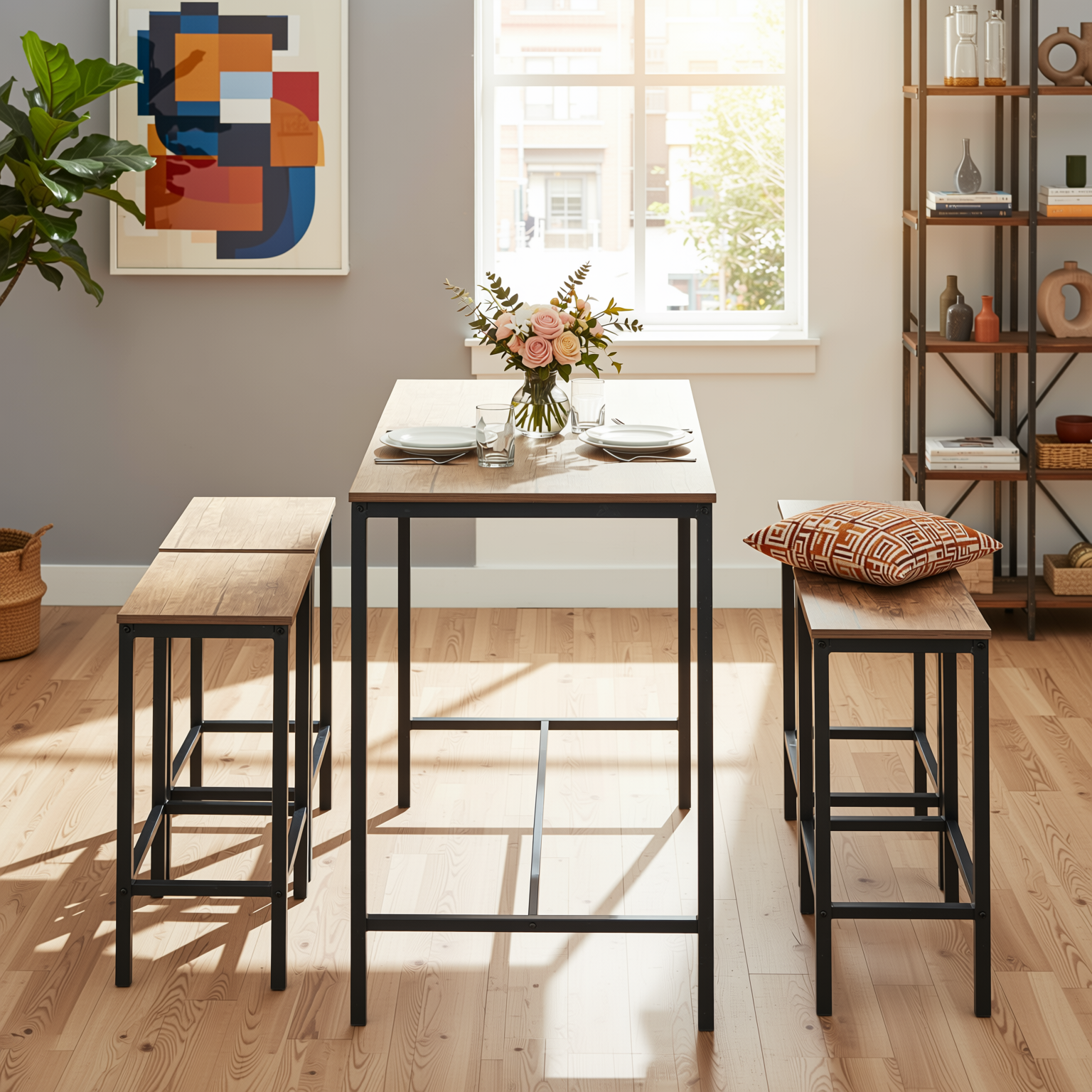 Homy Casa Feynman 5PC Counter Height Dining Set 39” Rustic Industrial Table with 4 Kilby Backless Stools
