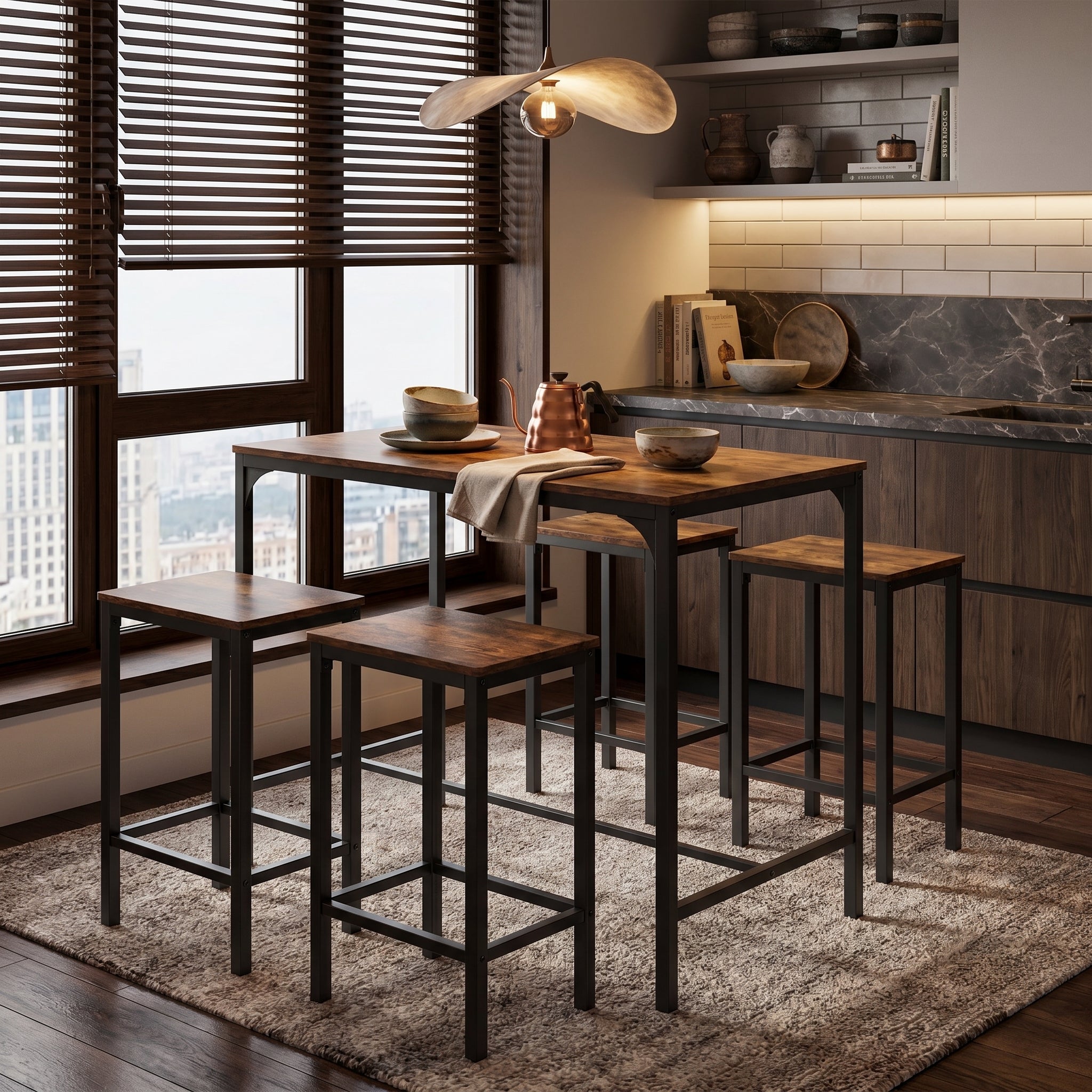 Homy Casa Feynman 5PC Counter Height Dining Set 39” Rustic Industrial Table with 4 Kilby Backless Stools