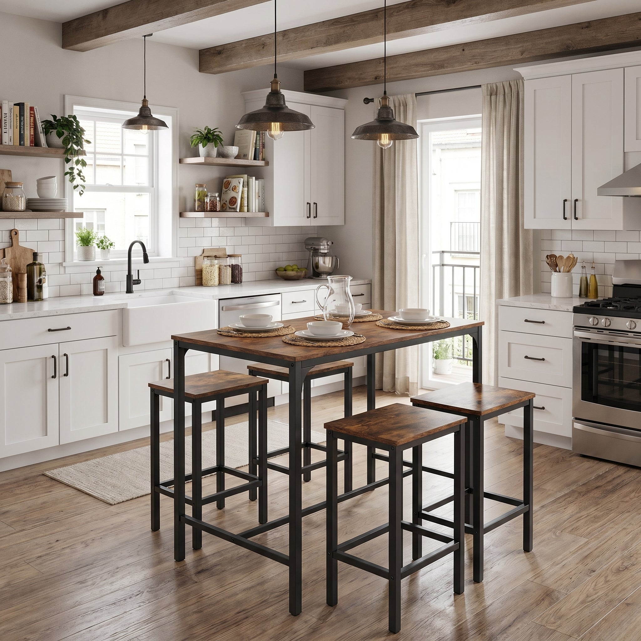 Homy Casa Feynman 5PC Counter Height Dining Set 39” Rustic Industrial Table with 4 Kilby Backless Stools
