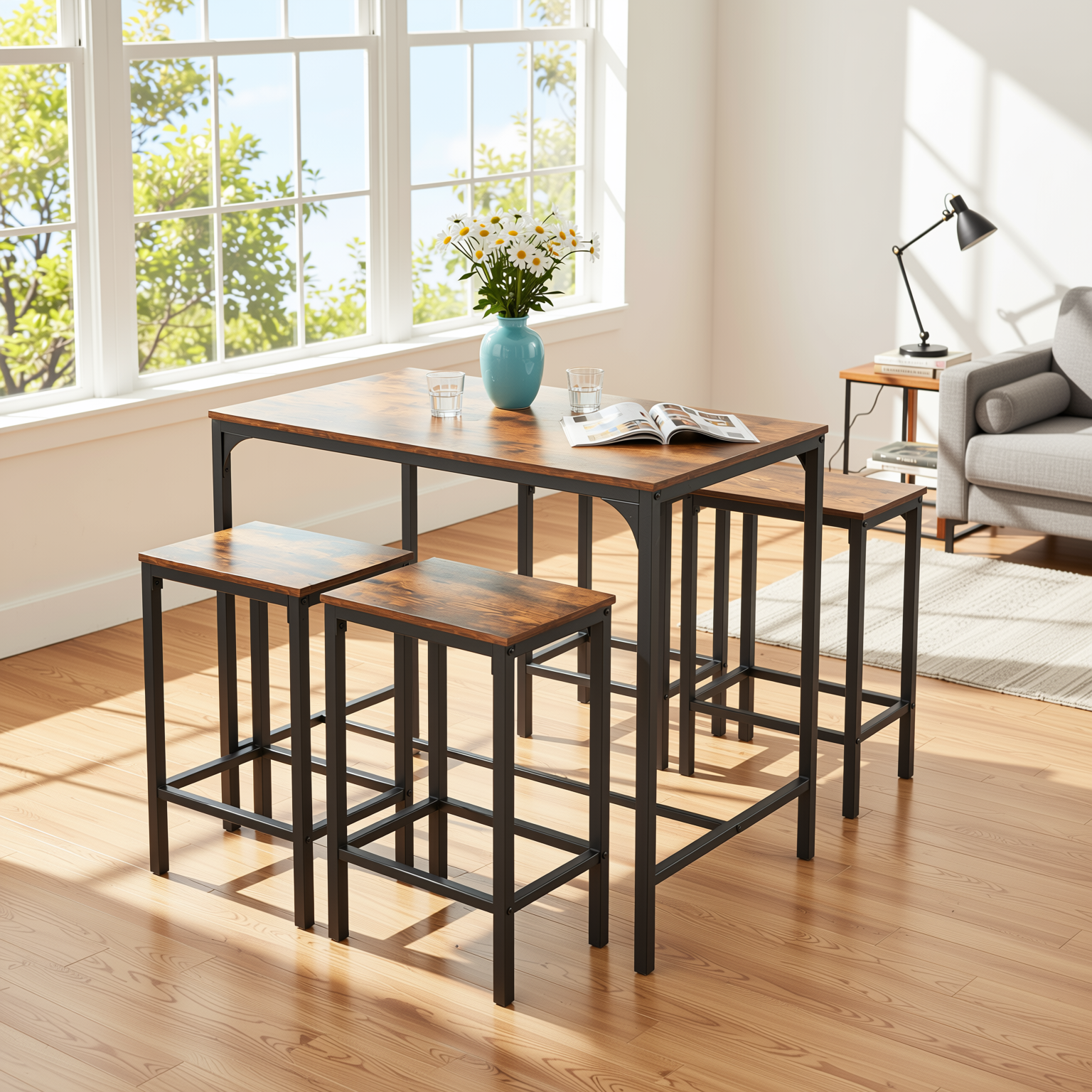 Homy Casa Feynman 5PC Counter Height Dining Set 39” Rustic Industrial Table with 4 Kilby Backless Stools