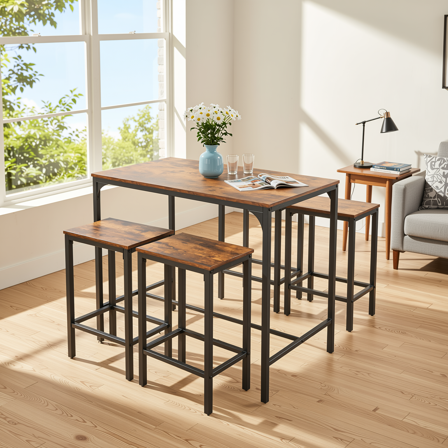 Homy Casa Feynman 5PC Counter Height Dining Set 39” Rustic Industrial Table with 4 Kilby Backless Stools