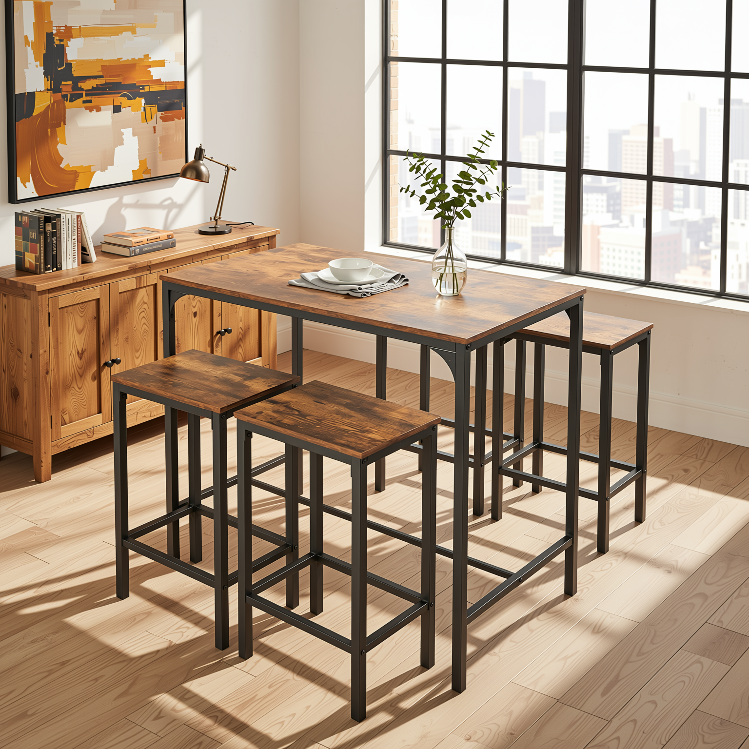 Homy Casa Feynman 5PC Counter Height Dining Set 39” Rustic Industrial Table with 4 Kilby Backless Stools