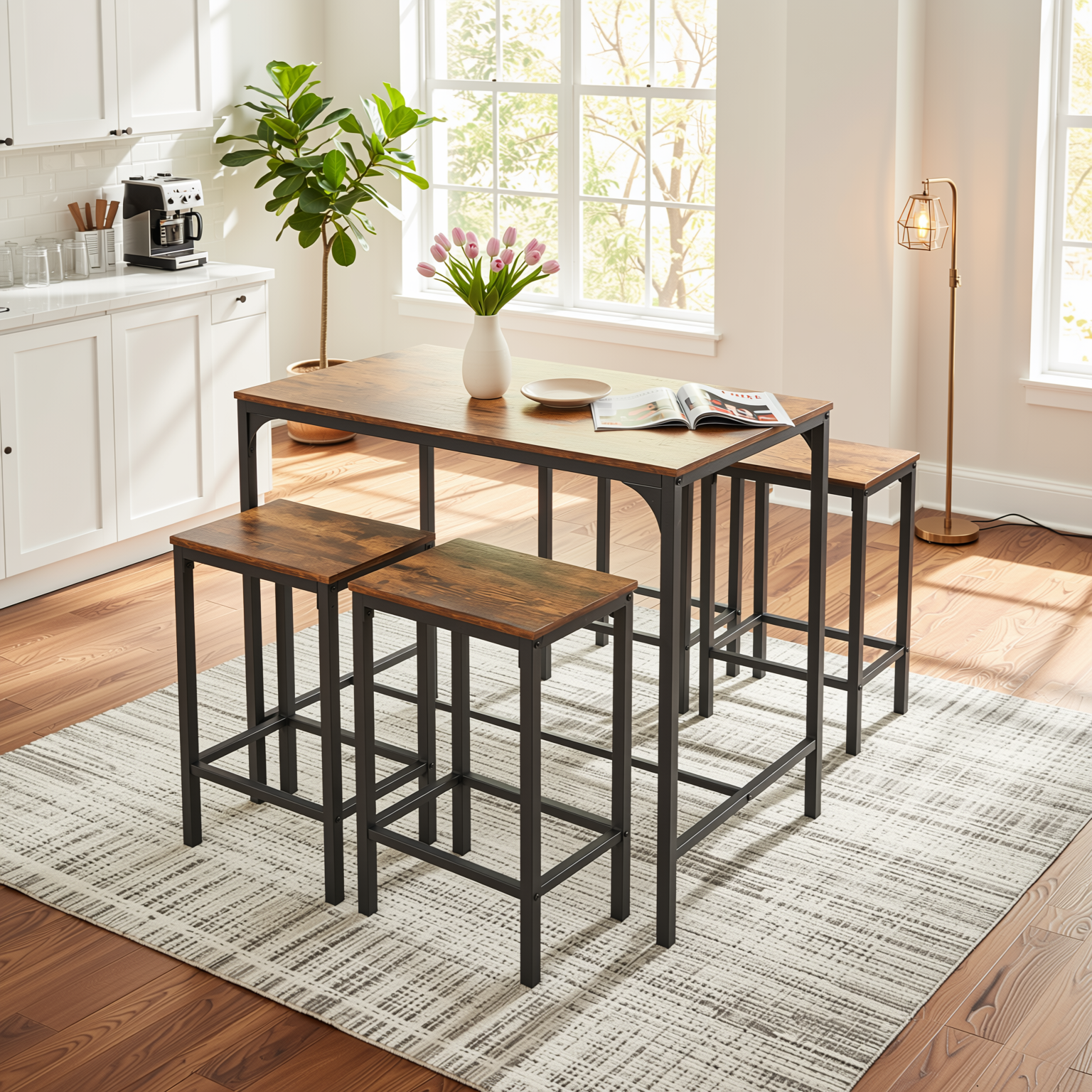 Homy Casa Feynman 5PC Counter Height Dining Set 39” Rustic Industrial Table with 4 Kilby Backless Stools