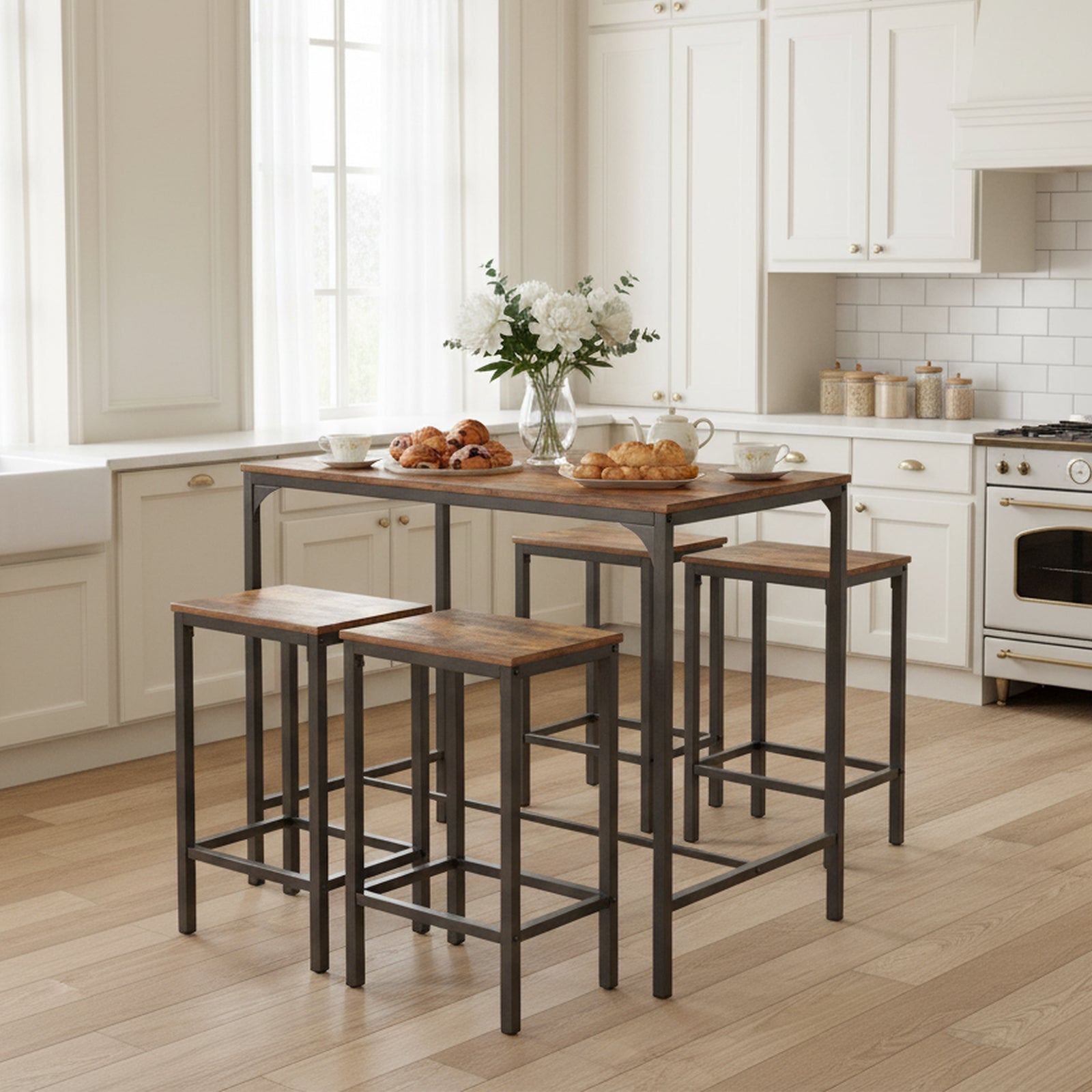 Homy Casa Feynman 5PC Counter Height Dining Set 39” Rustic Industrial Table with 4 Kilby Backless Stools