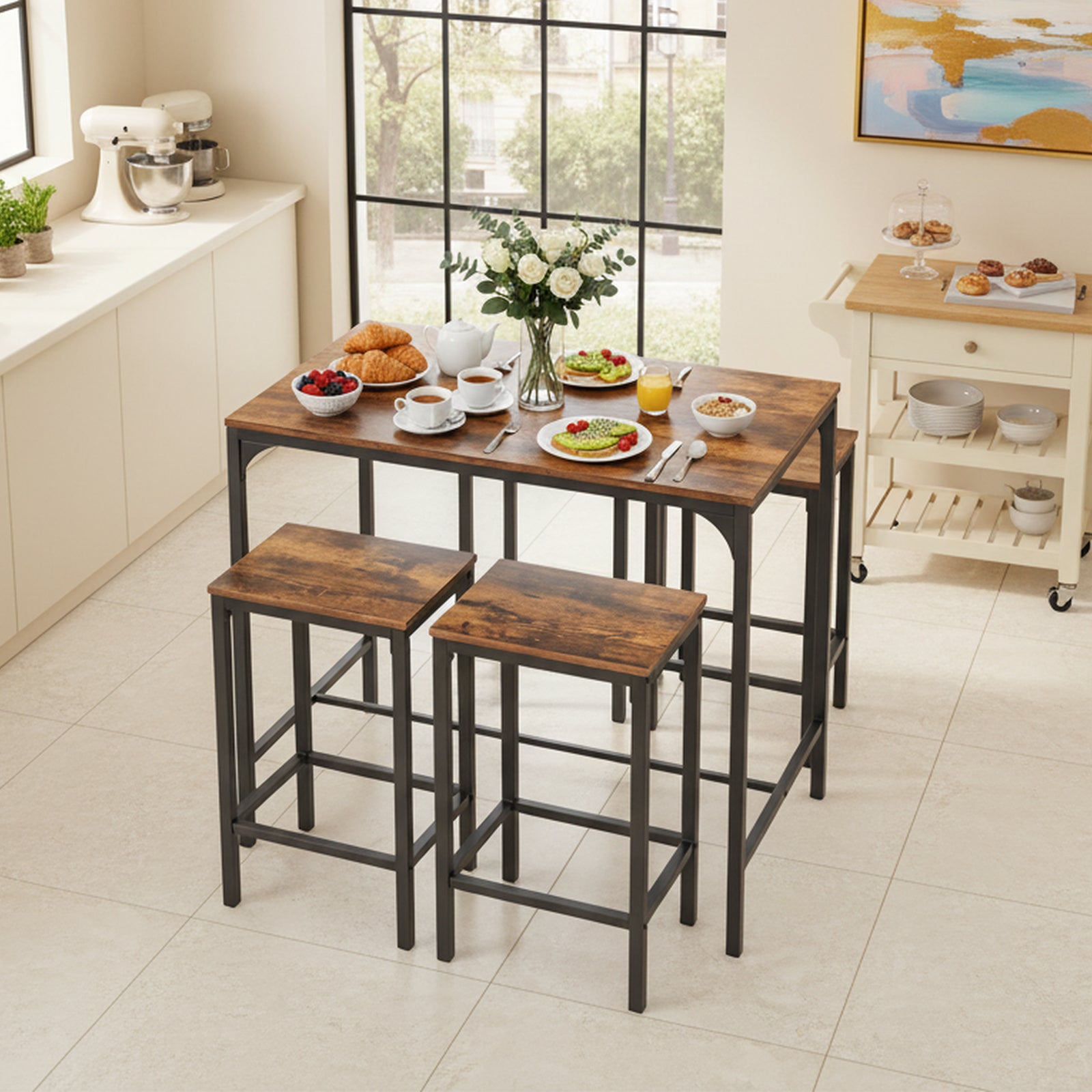 Homy Casa Feynman 5PC Counter Height Dining Set 39” Rustic Industrial Table with 4 Kilby Backless Stools