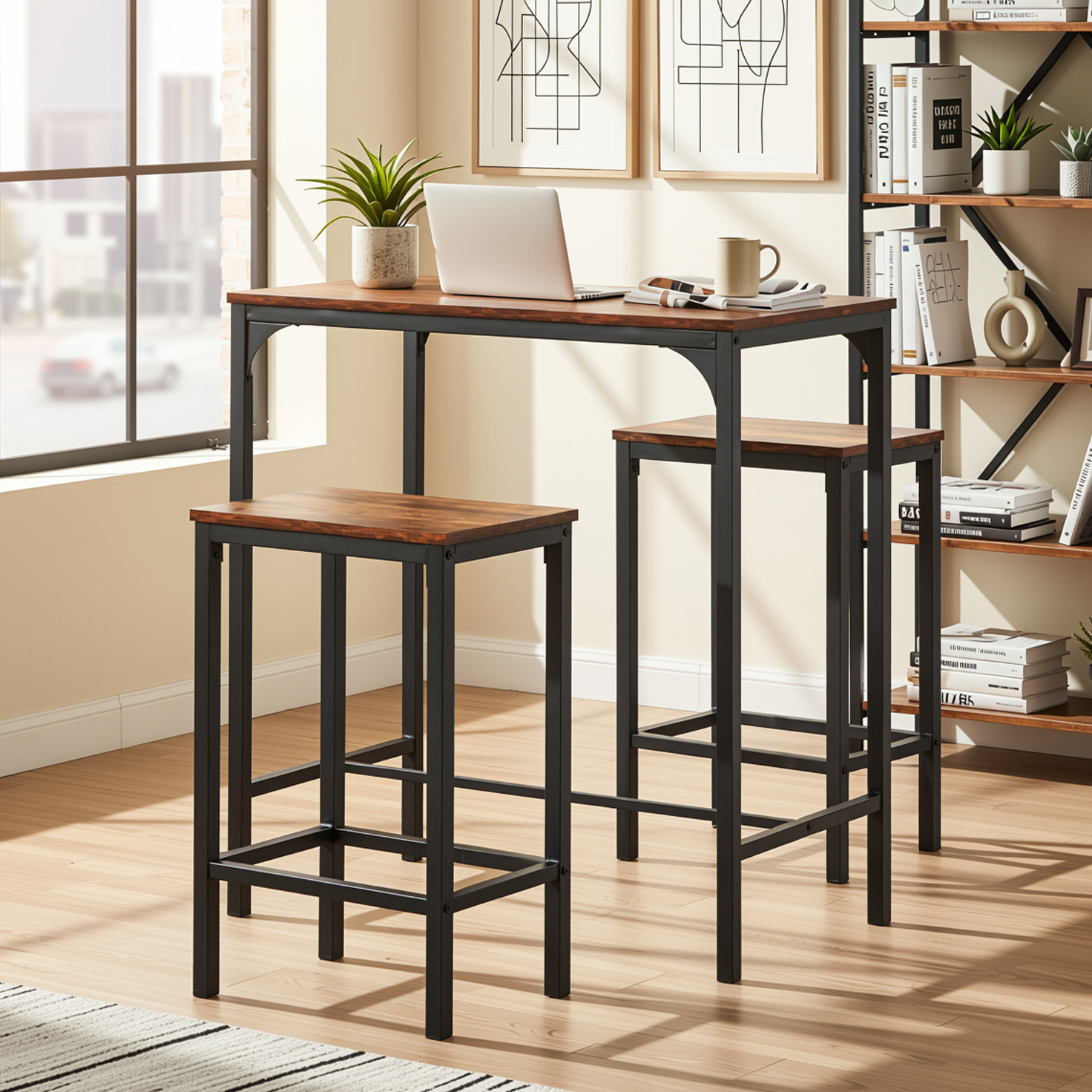 Feynman 3-Piece Rustic Industrial Counter Dining Set 39” Table with 2 Stools