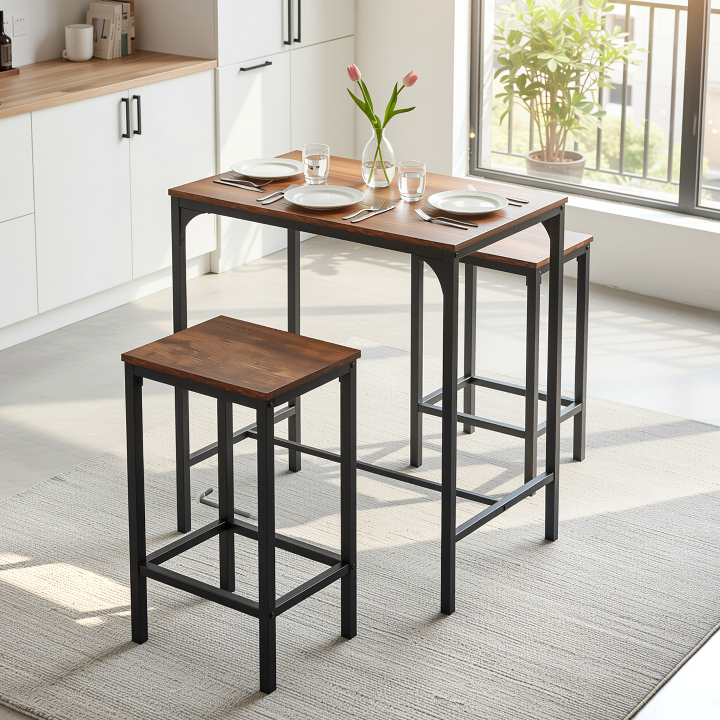 Feynman 3-Piece Rustic Industrial Counter Dining Set 39” Table with 2 Stools