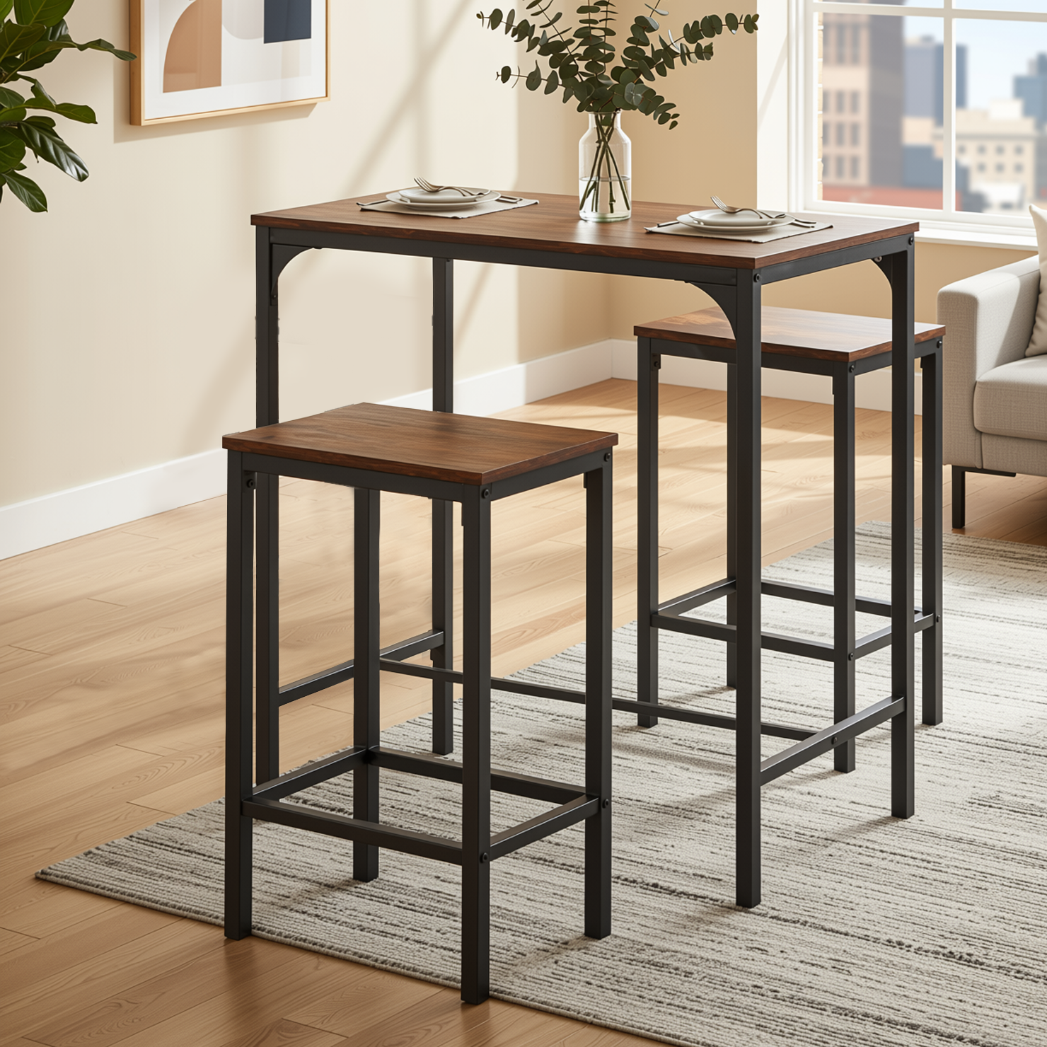 Feynman 3-Piece Rustic Industrial Counter Dining Set 39” Table with 2 Stools