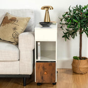 narrow end table with one drawer, two-tone white and walnut design, perfect for living room or study room as a cabinet