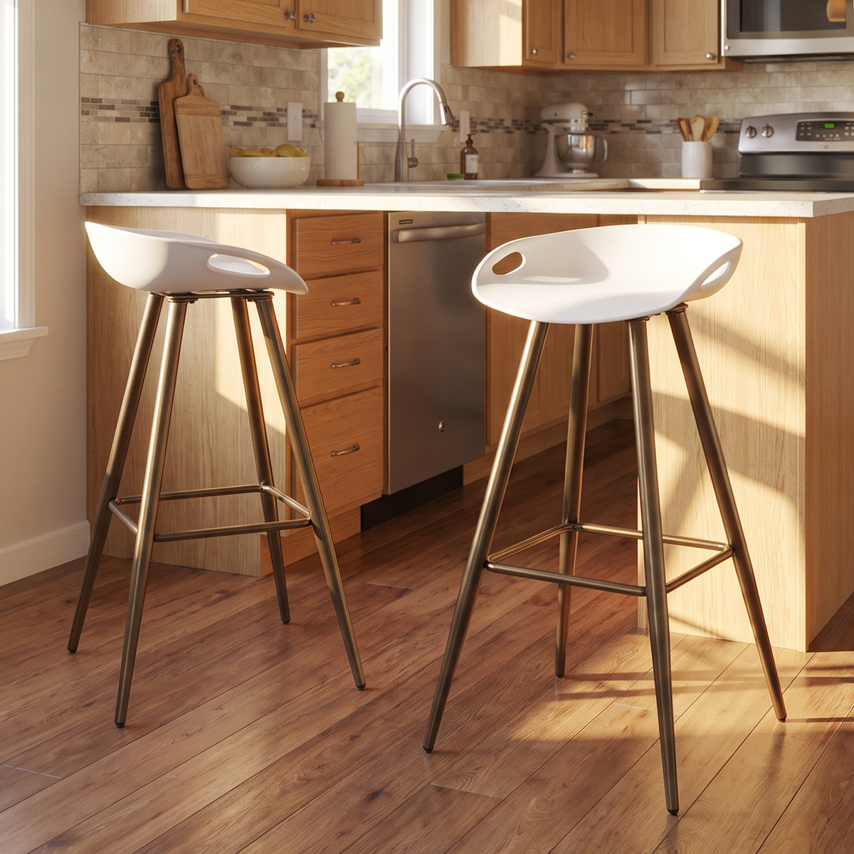 Homy Casa FIYAN 2PC Barstools, White & Bronze, Open Box