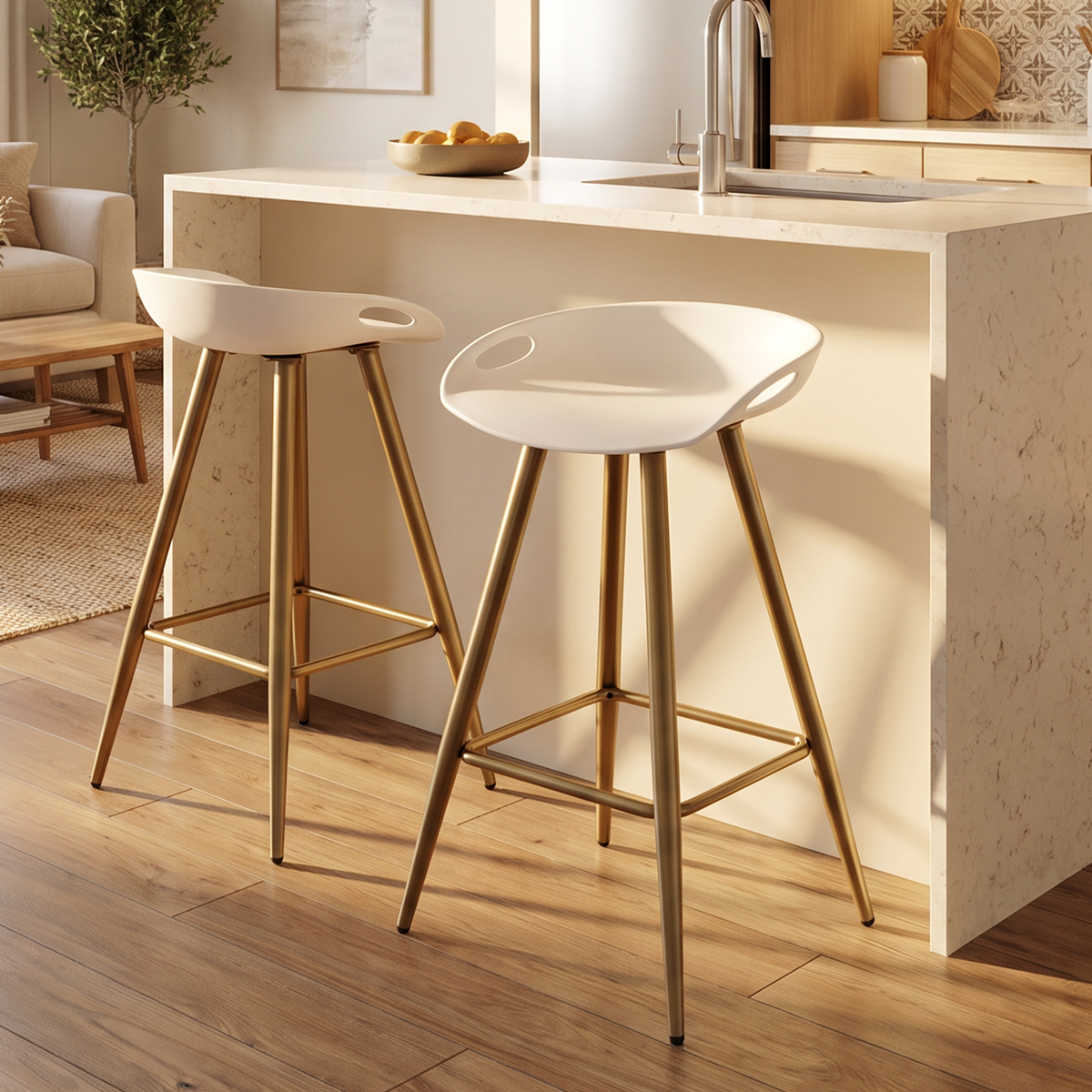 Homy Casa FIYAN 2PC Bar Stools, White & Bronze, Open Box