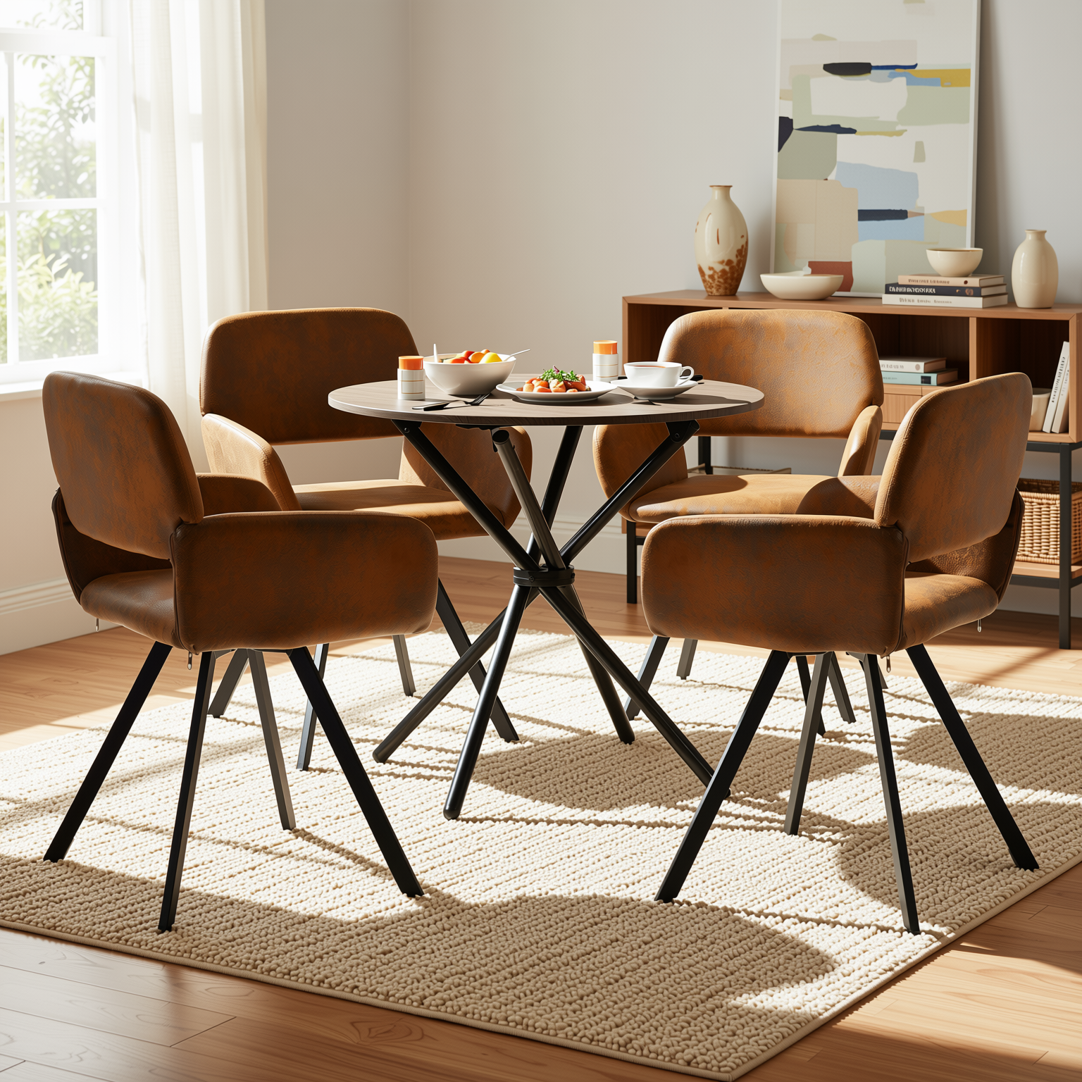 Homy Casa Fontana Walnut Dining Table Set with 4 California Chairs, Suede Brown Set of 5