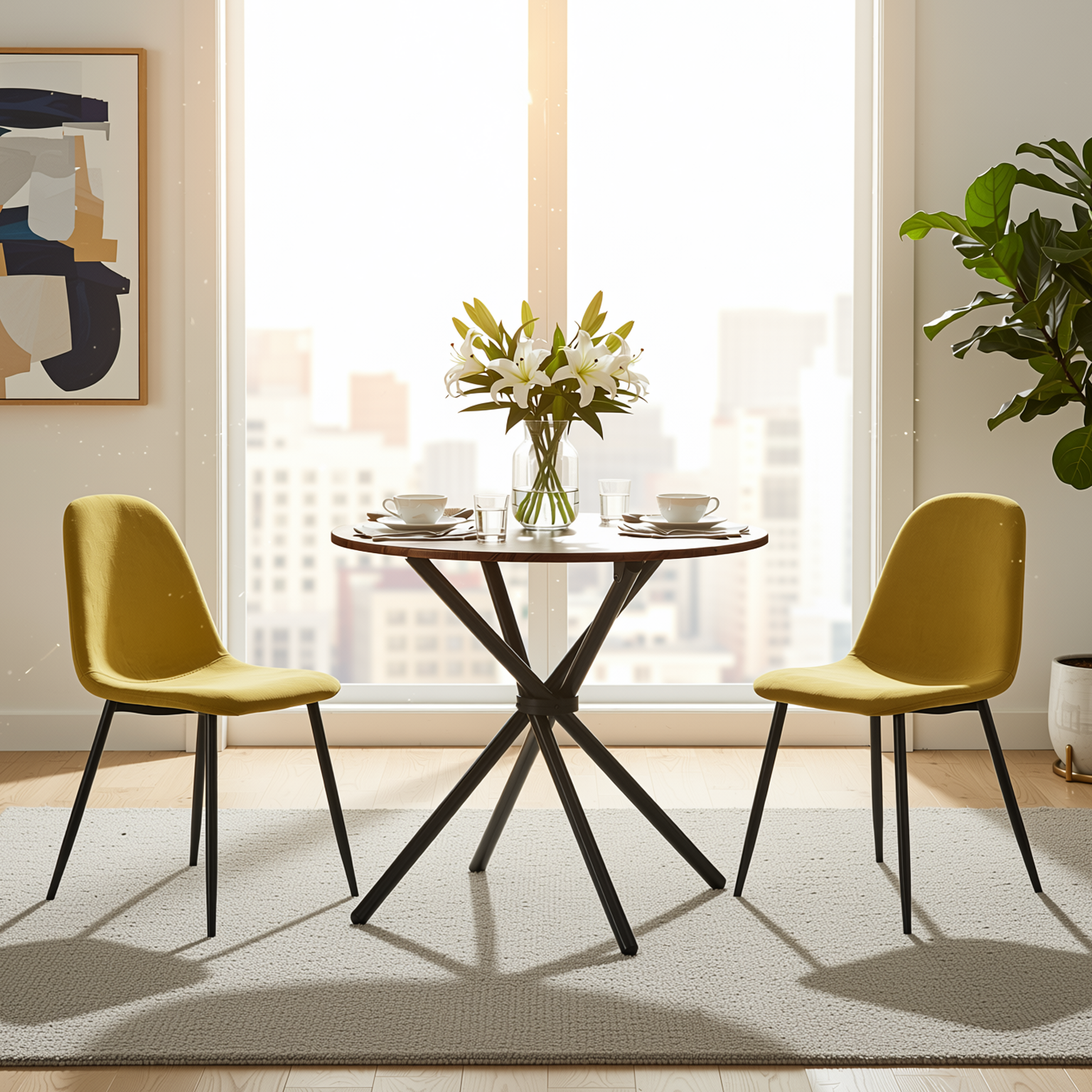 Homy Casa Fontana 3PC Dining Set 31.5” Round Table with 2 Charlton Fabric Yellow Chairs