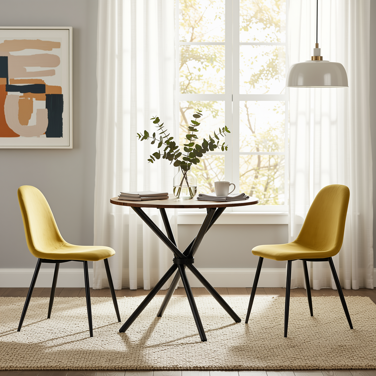 Homy Casa Fontana 3PC Dining Set 31.5” Round Table with 2 Charlton Fabric Yellow Chairs