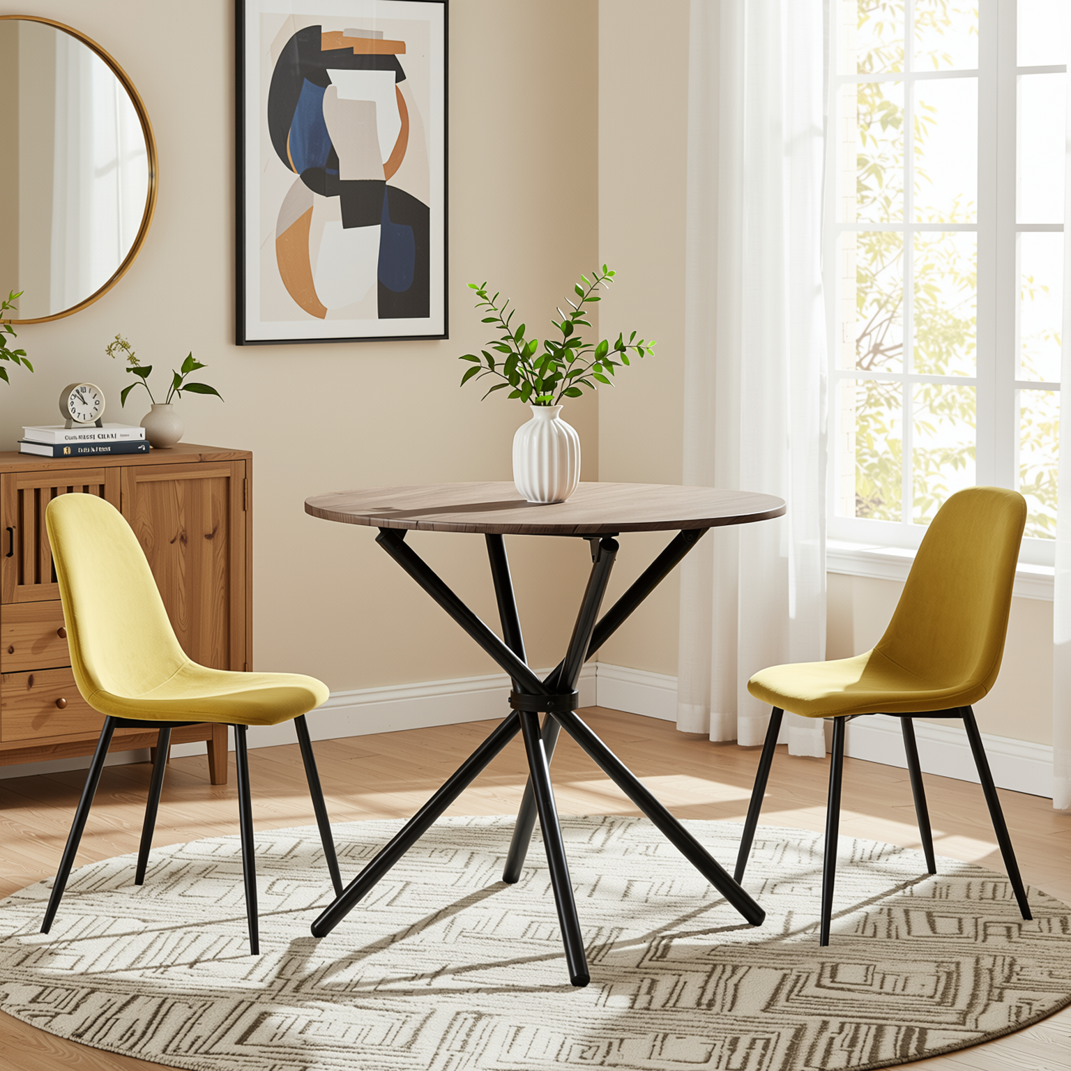 Homy Casa Fontana 3PC Dining Set 31.5” Round Table with 2 Charlton Fabric Yellow Chairs