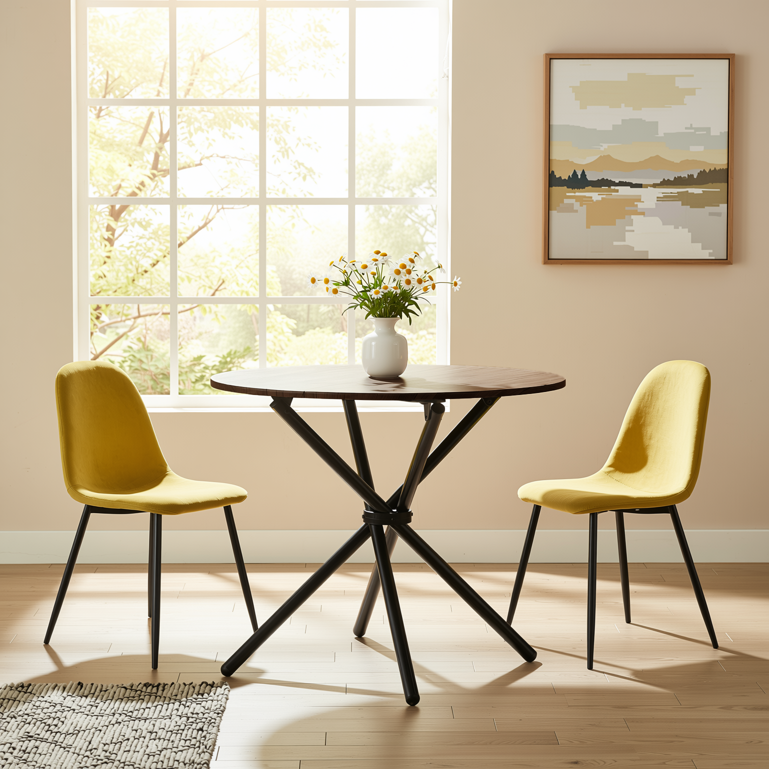 Homy Casa Fontana 3PC Dining Set 31.5” Round Table with 2 Charlton Fabric Yellow Chairs