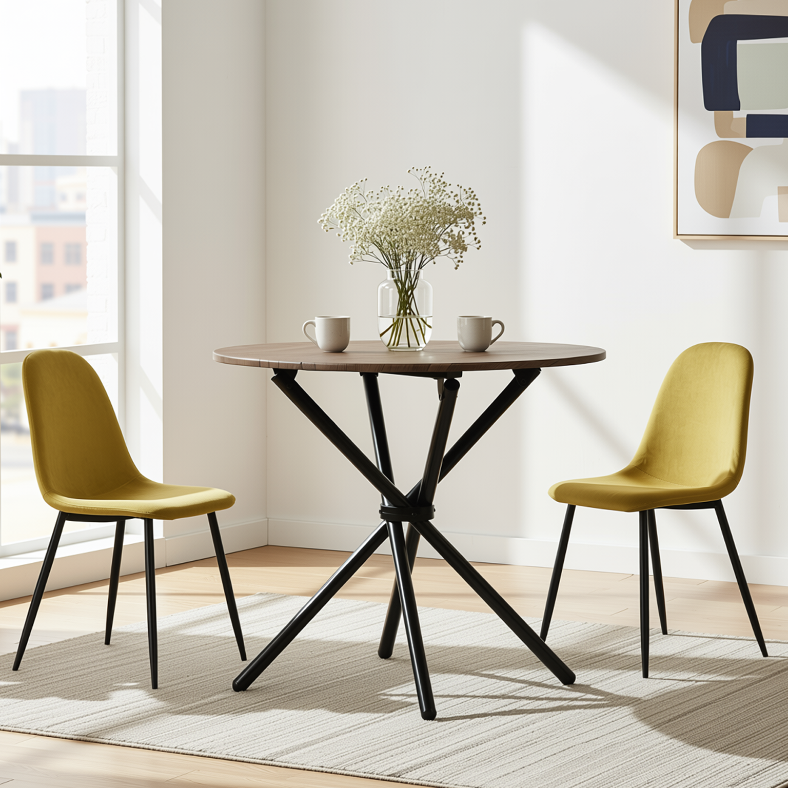 Homy Casa Fontana 3PC Dining Set 31.5” Round Table with 2 Charlton Fabric Yellow Chairs