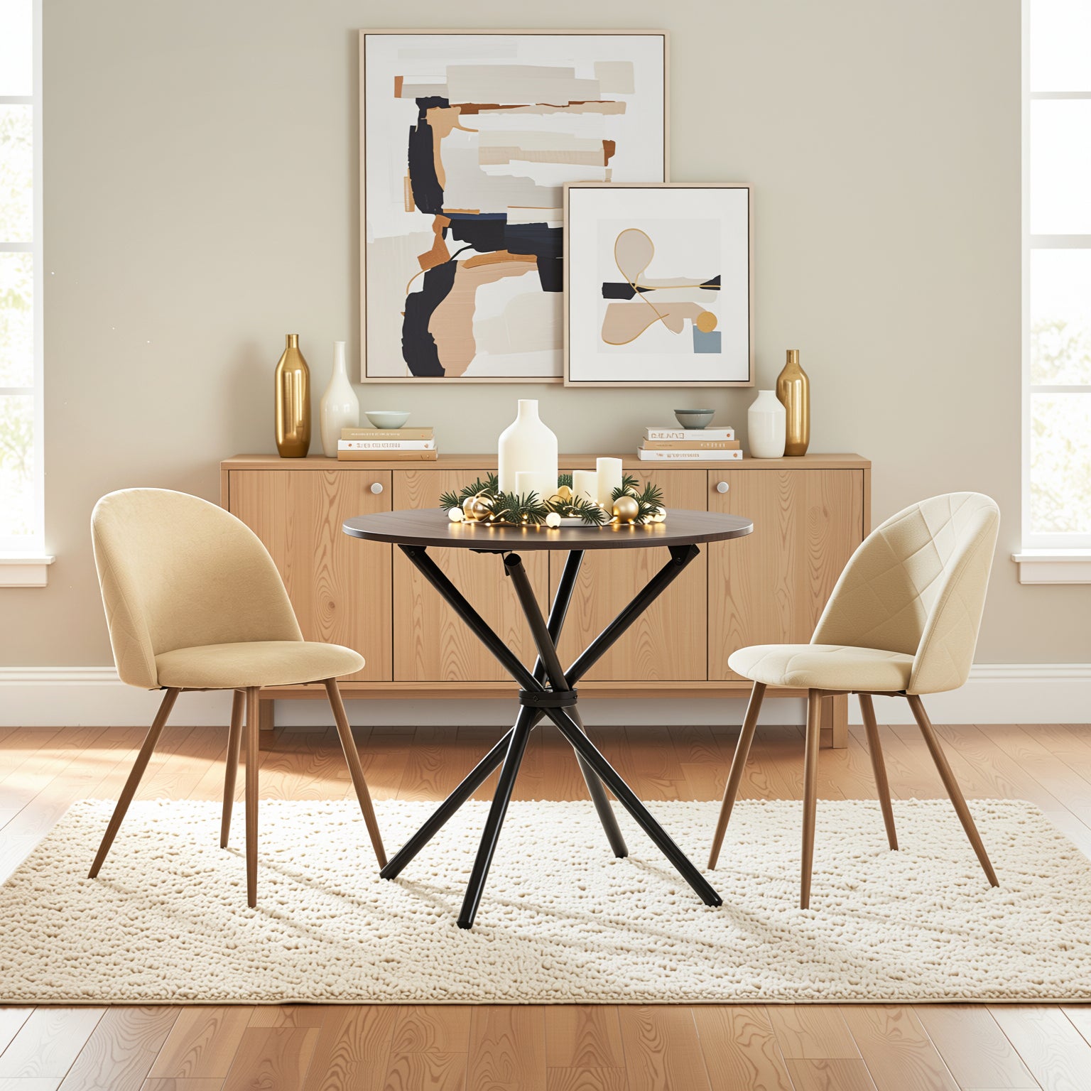 Homy Casa Fontana 3 Piece Dining Table Set with 2 Puzd Biscuit Upholstered Chairs