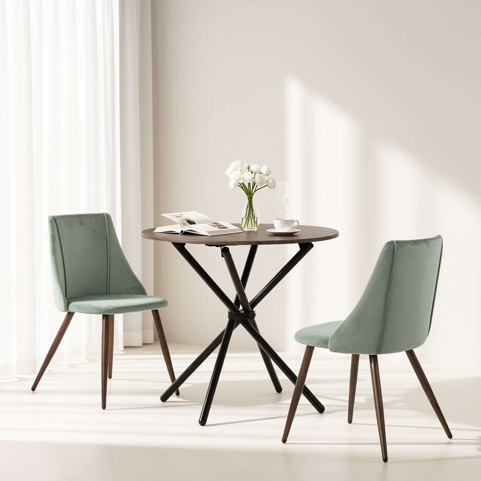 Homy Casa Fontana 3 Piece Dining Table Set with 2 Smeg Velvet Upholstered Chairs, Cactus