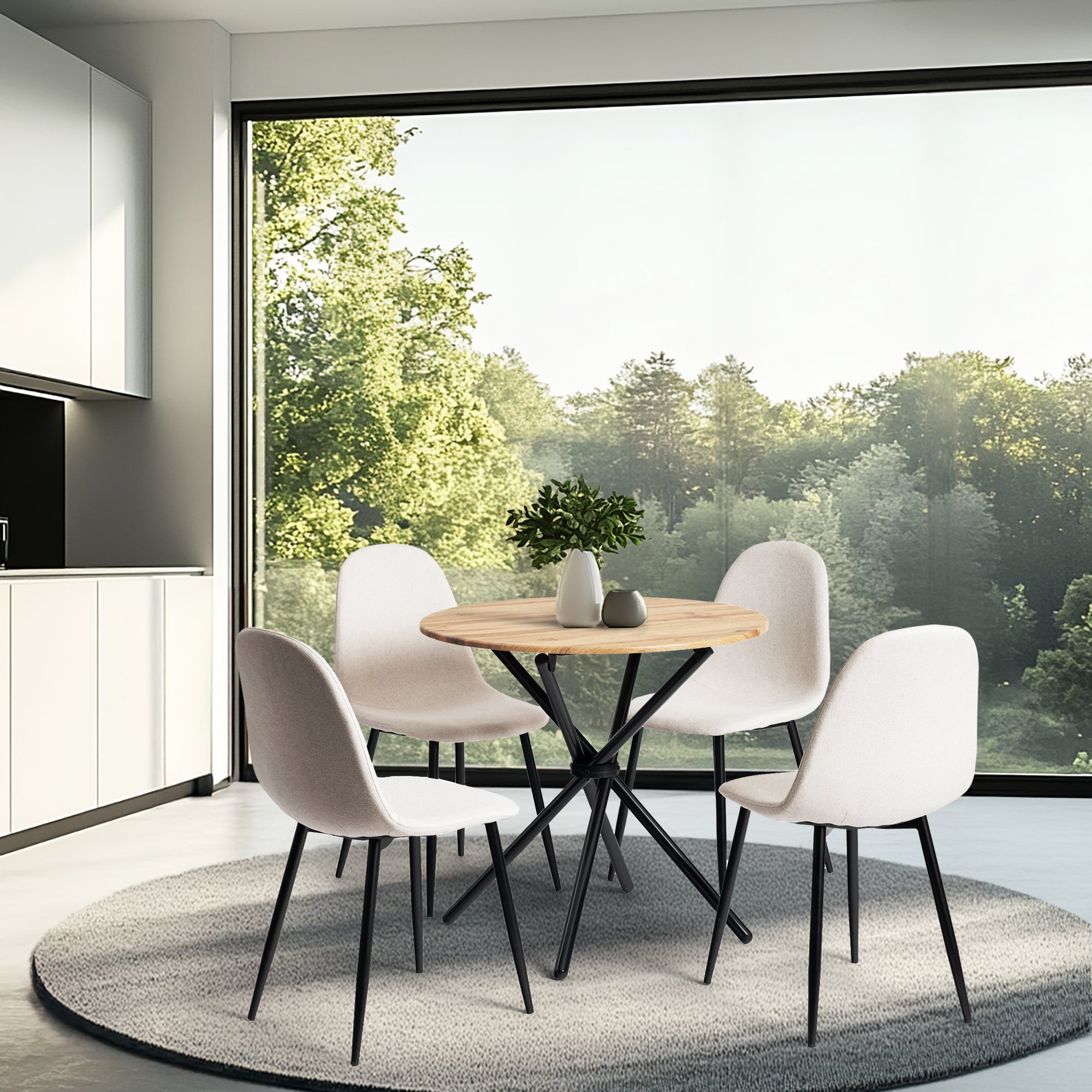 Homy Casa FONTANA+CHARLTON 5PC Dining Set 31.5” Round Table with 4 Charlton Barrel Beige Fabric Chairs
