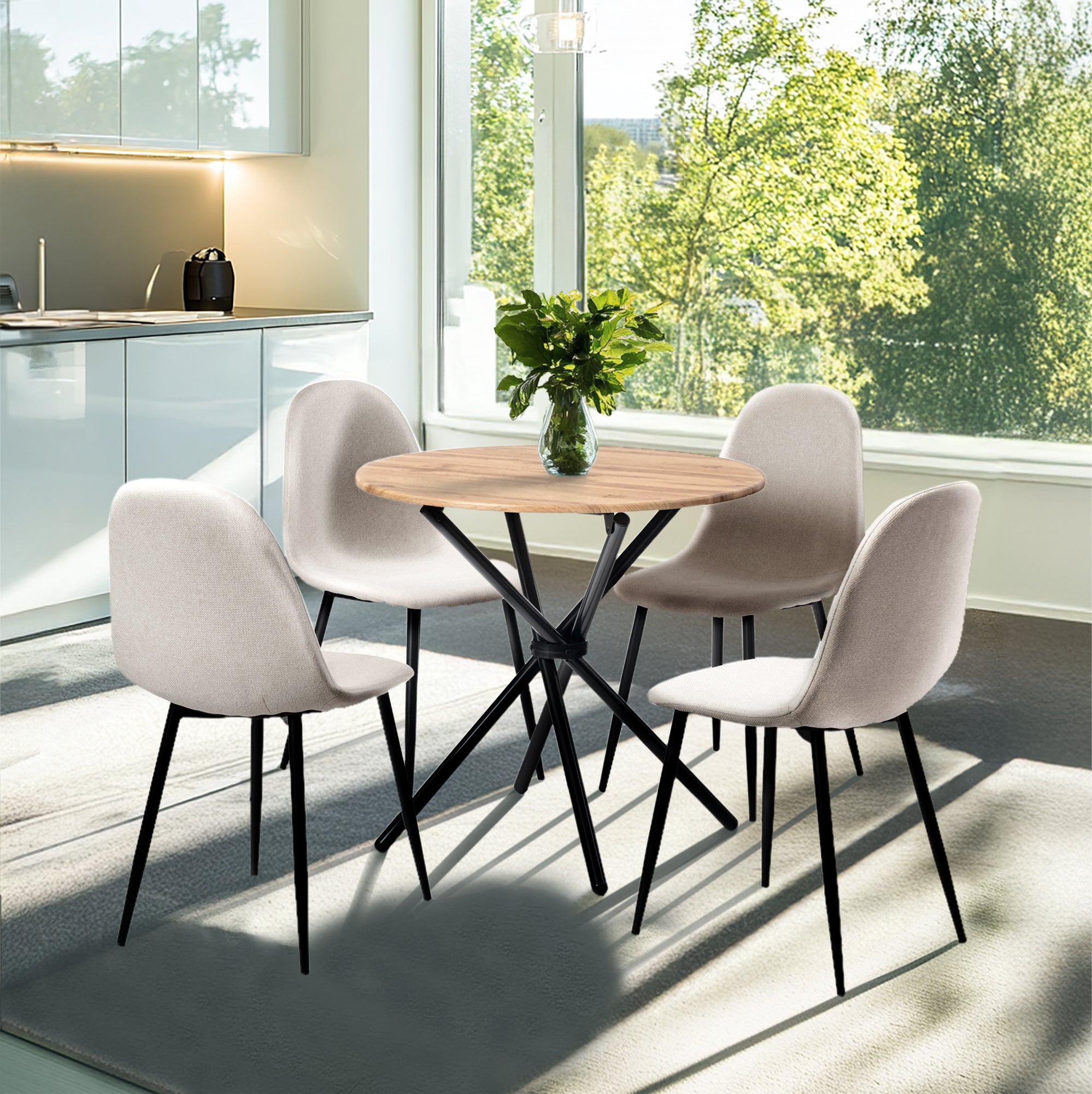 Homy Casa FONTANA+CHARLTON 5PC Dining Set 31.5” Round Table with 4 Charlton Barrel Beige Fabric Chairs