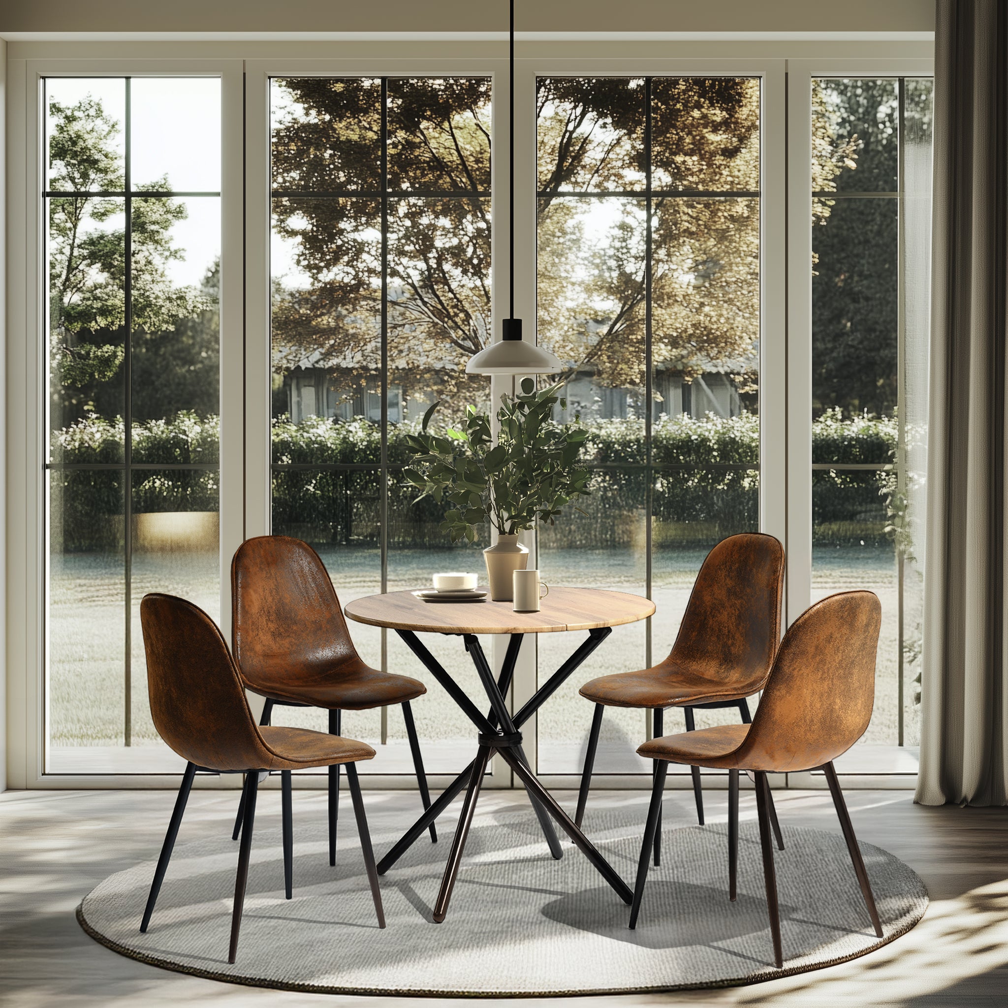 Homy Casa FONTANA+CHARLTON 5PC Dining Set 31.5” Brown Round Table with 4 Charlton Suede Brown Upholstered Chairs