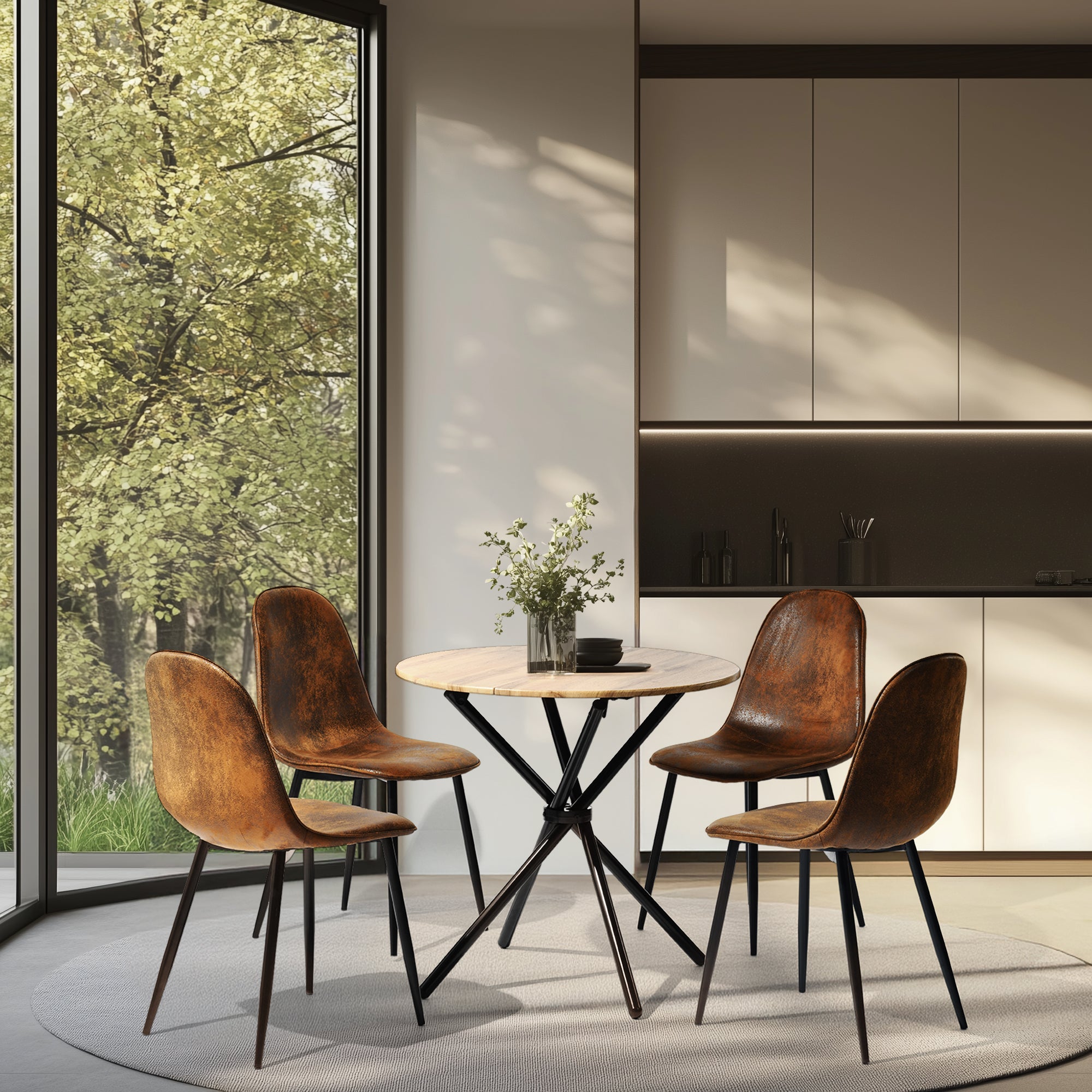 Homy Casa FONTANA+CHARLTON 5PC Dining Set 31.5” Brown Round Table with 4 Charlton Suede Brown Upholstered Chairs