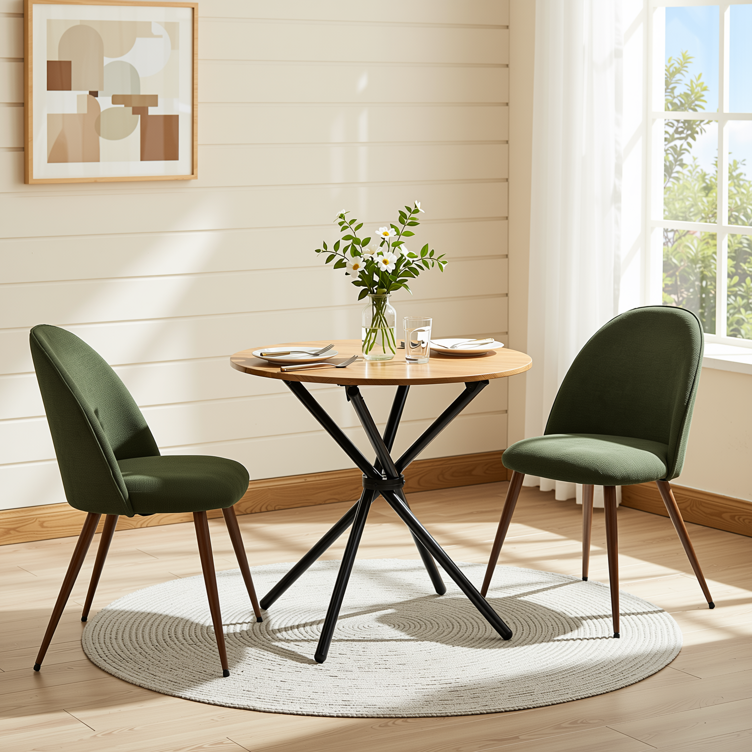 Homy Casa FONTANA+HAVEN 3PC Dining Set 31.5” Round Table with 2 Haven Verita Green Upholstered Chairs