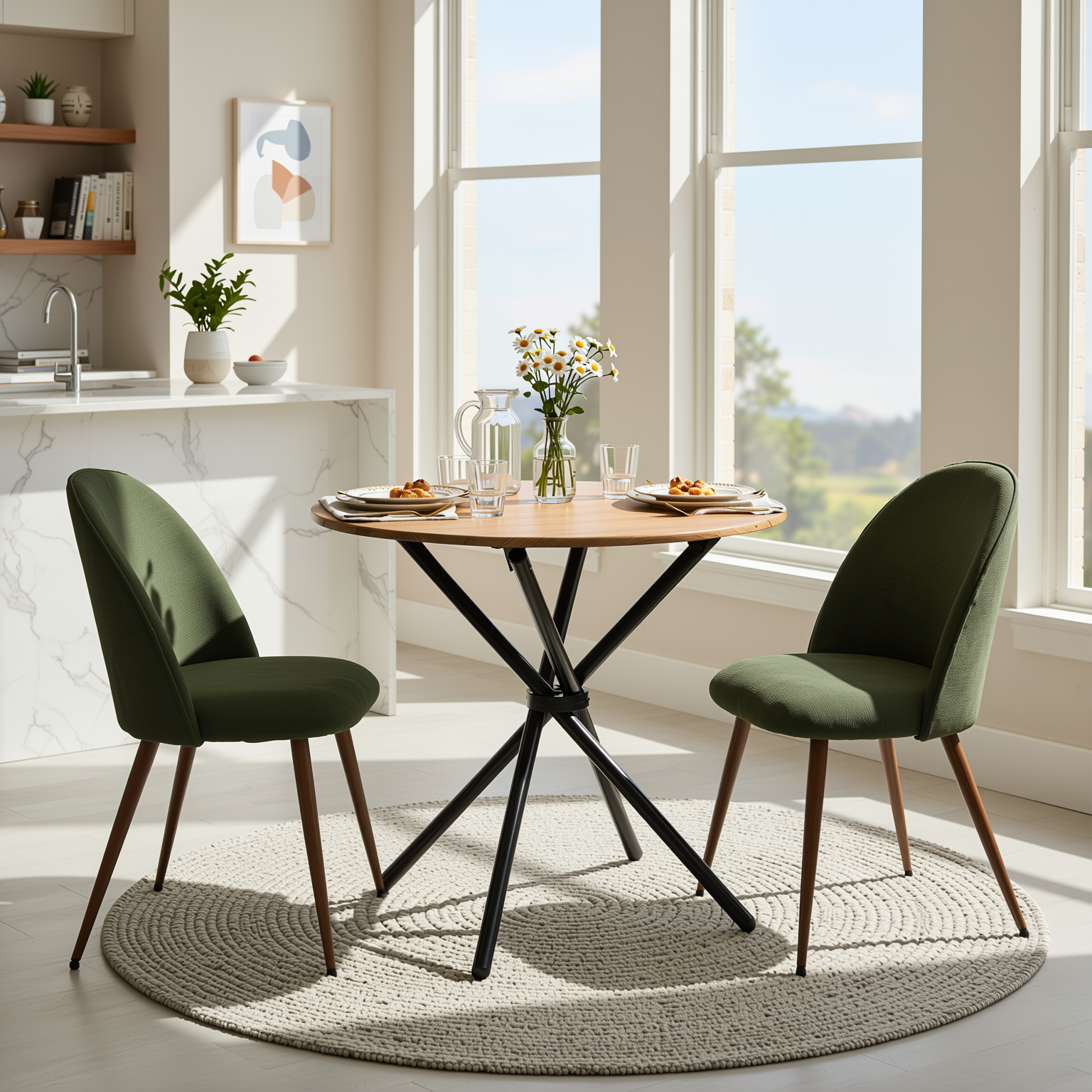 Homy Casa FONTANA+HAVEN 3PC Dining Set 31.5” Round Table with 2 Haven Verita Green Upholstered Chairs