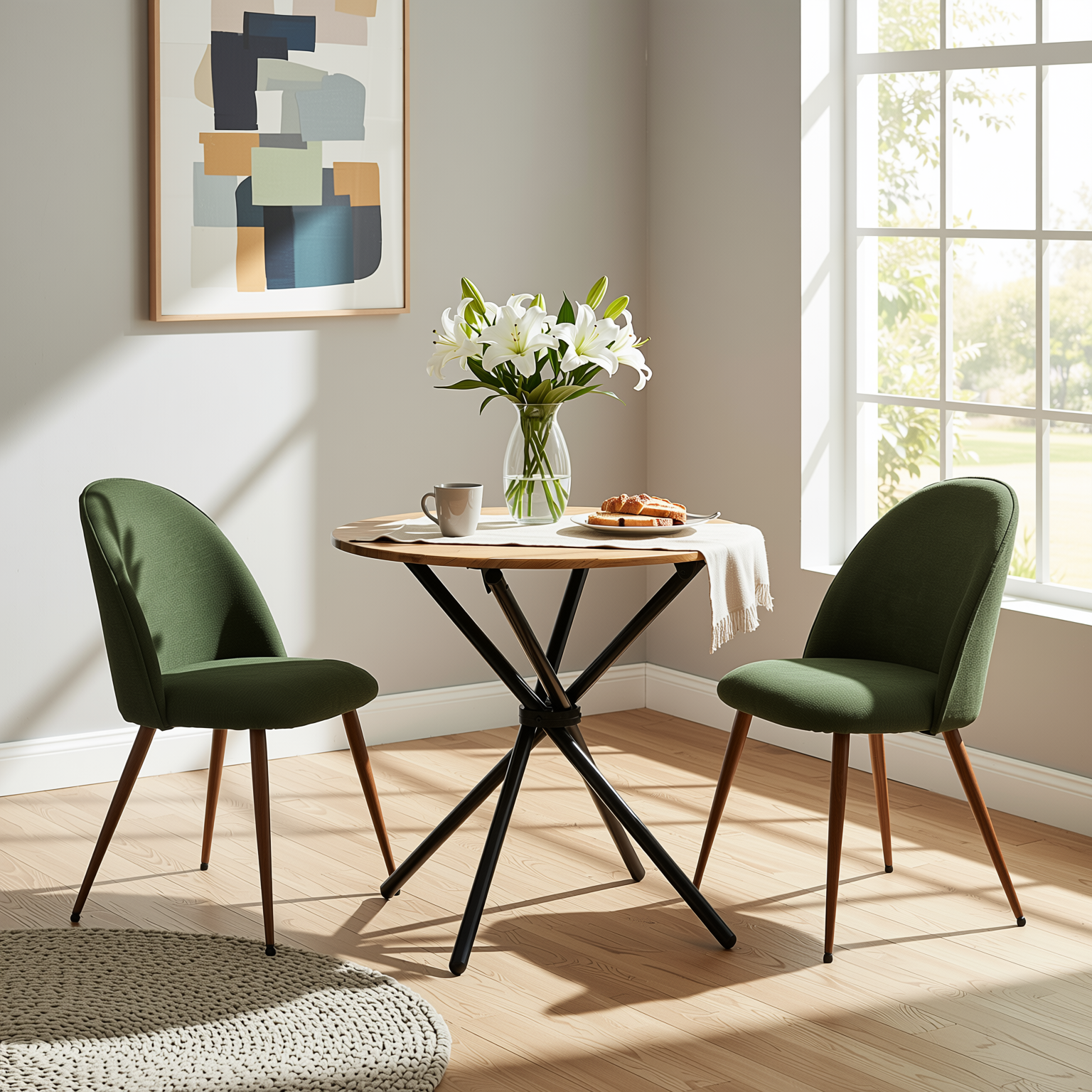 Homy Casa FONTANA+HAVEN 3PC Dining Set 31.5” Round Table with 2 Haven Verita Green Upholstered Chairs