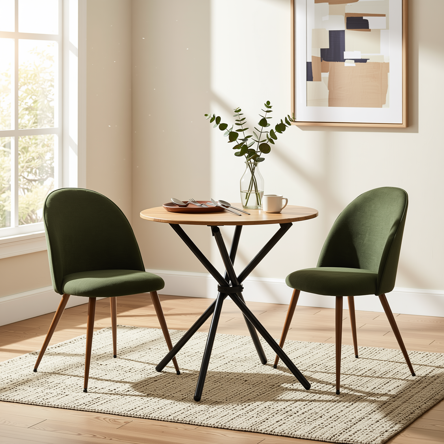 Homy Casa FONTANA+HAVEN 3PC Dining Set 31.5” Round Table with 2 Haven Verita Green Upholstered Chairs