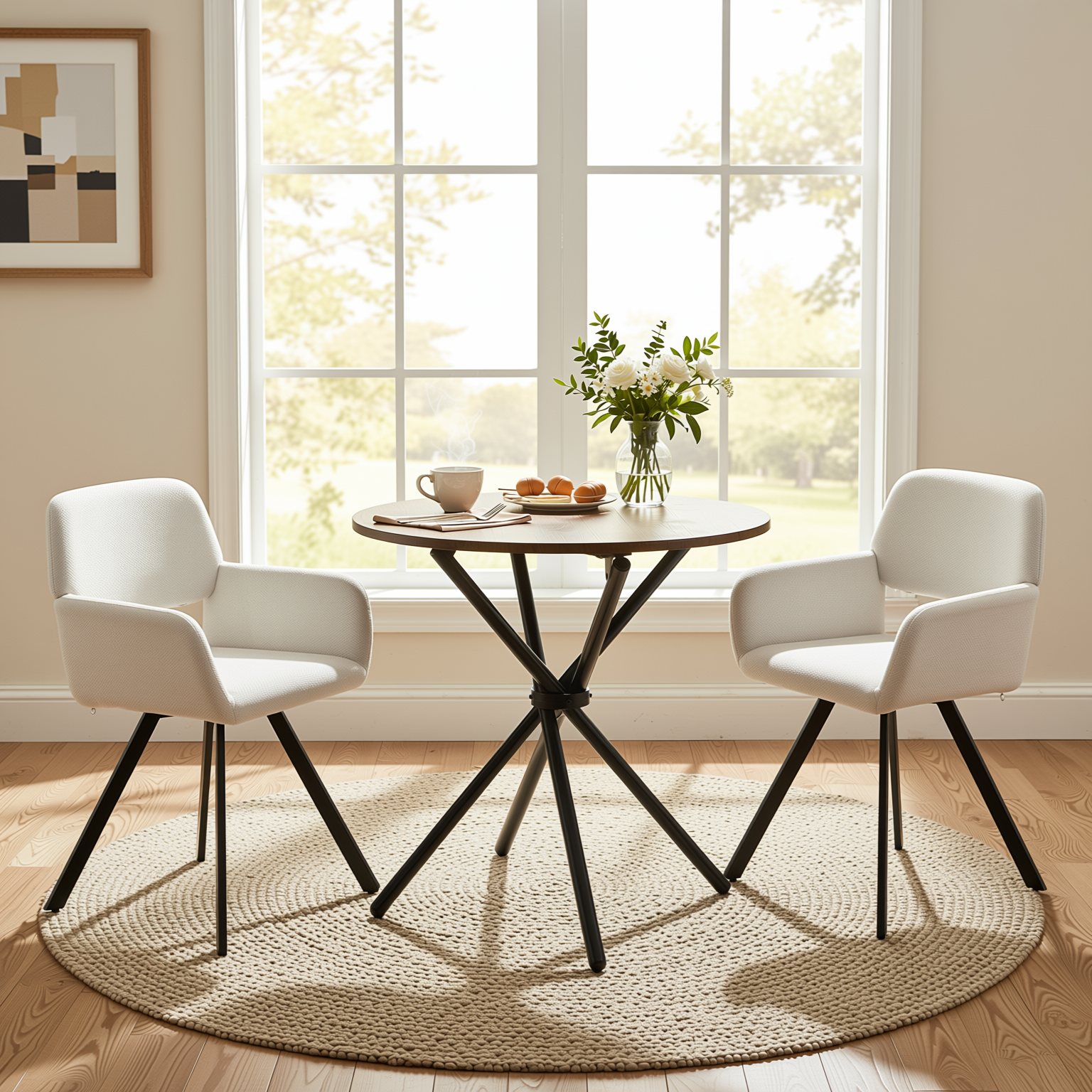 Homy Casa FONTANA+CALIFORNIA 3PC Dining Set 31.5” Round Walnut Table with 2 California Beige Swivel Chairs