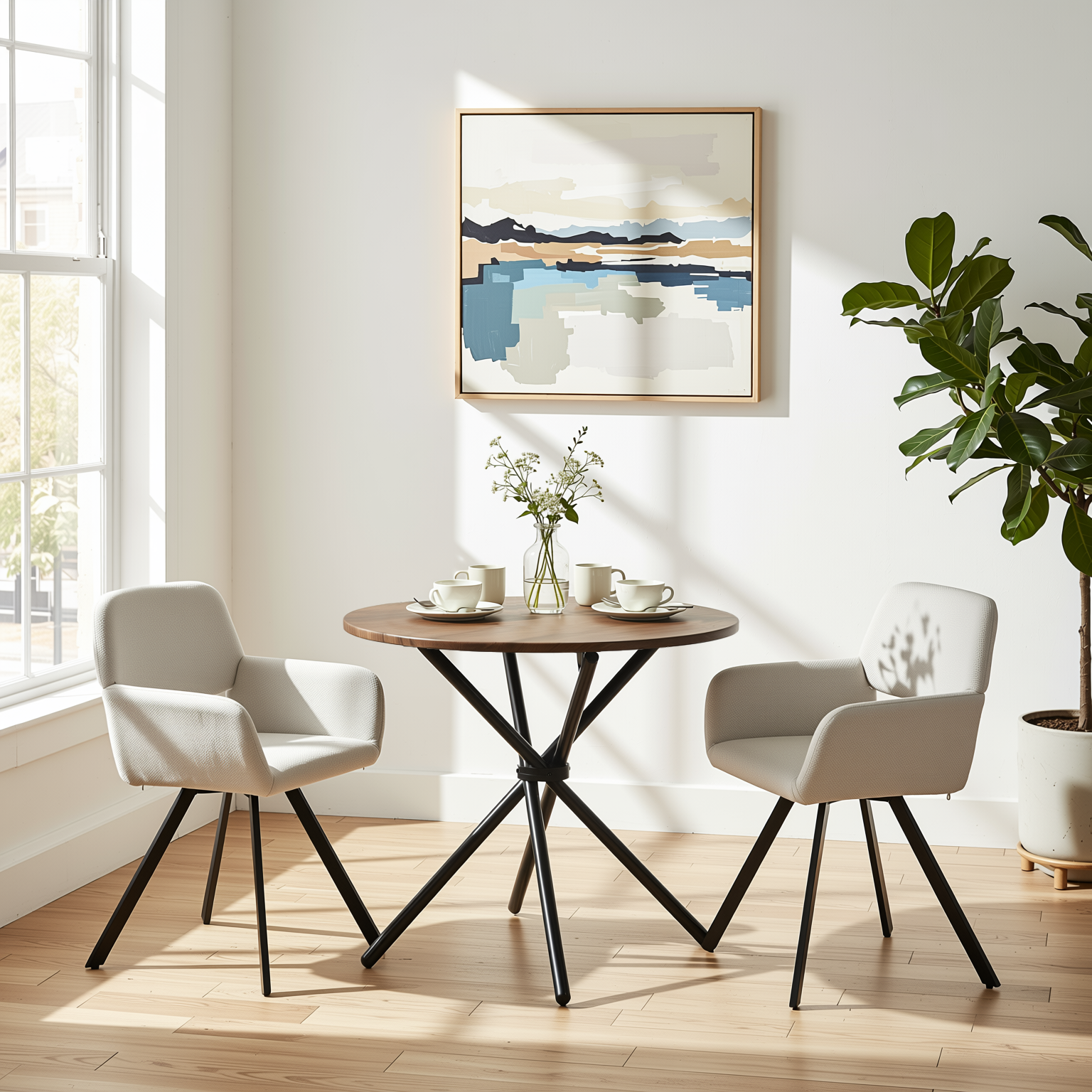 Homy Casa FONTANA+CALIFORNIA 3PC Dining Set 31.5” Round Walnut Table with 2 California Beige Swivel Chairs
