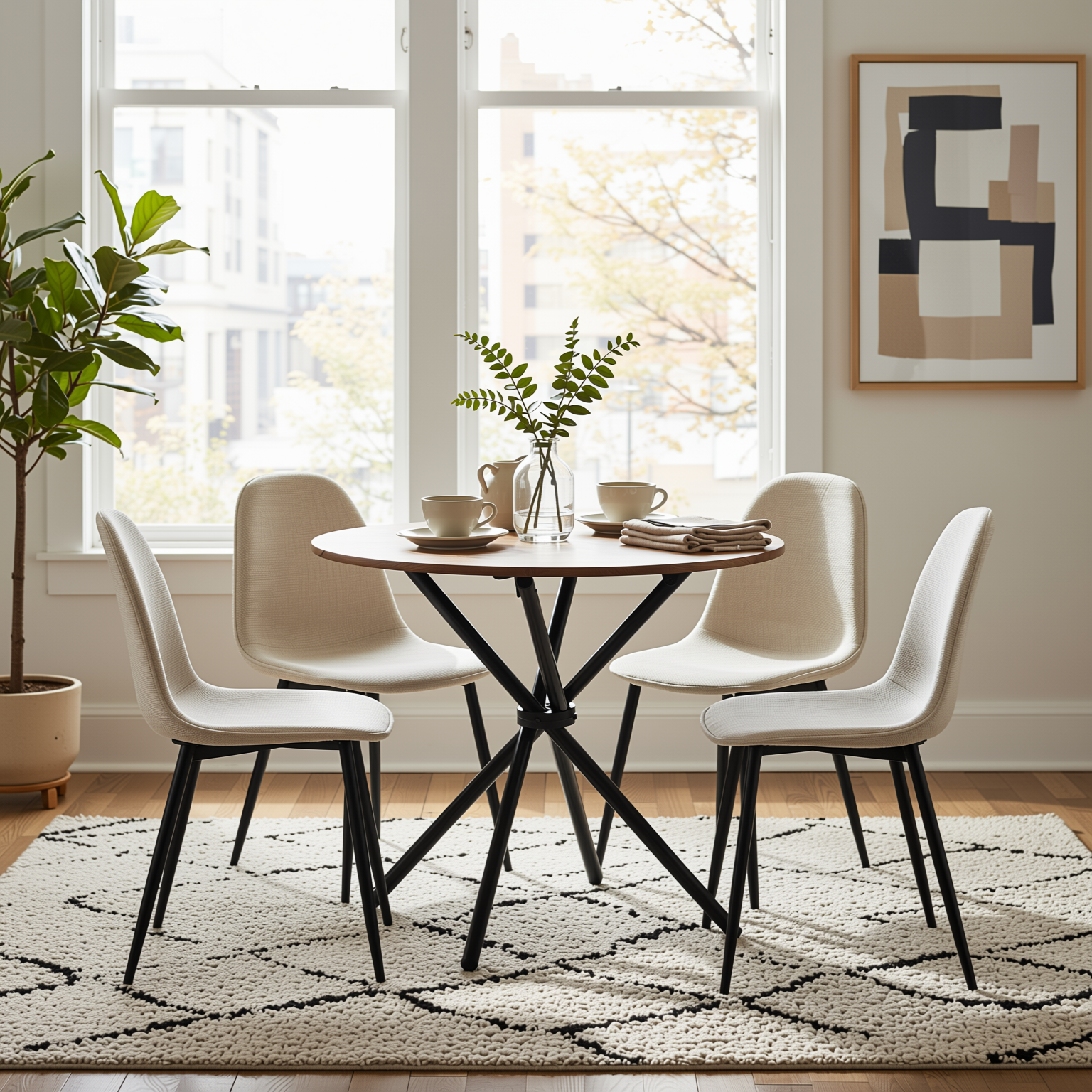 Homy Casa FONTANA+CHARLTON 5PC Dining Set 31.5” Round Dark Walnut Table with 4 Charlton Barrel Beige Fabric Chairs