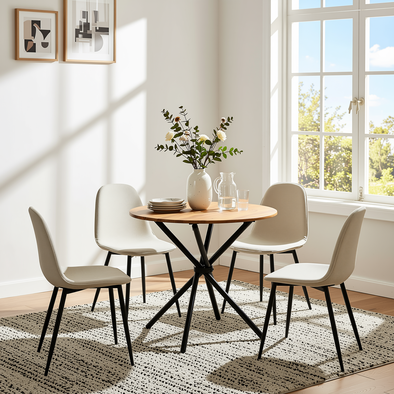 Homy Casa FONTANA+CHARLTON 5PC Dining Set 31.5” Round Dark Walnut Table with 4 Charlton Barrel Beige Fabric Chairs